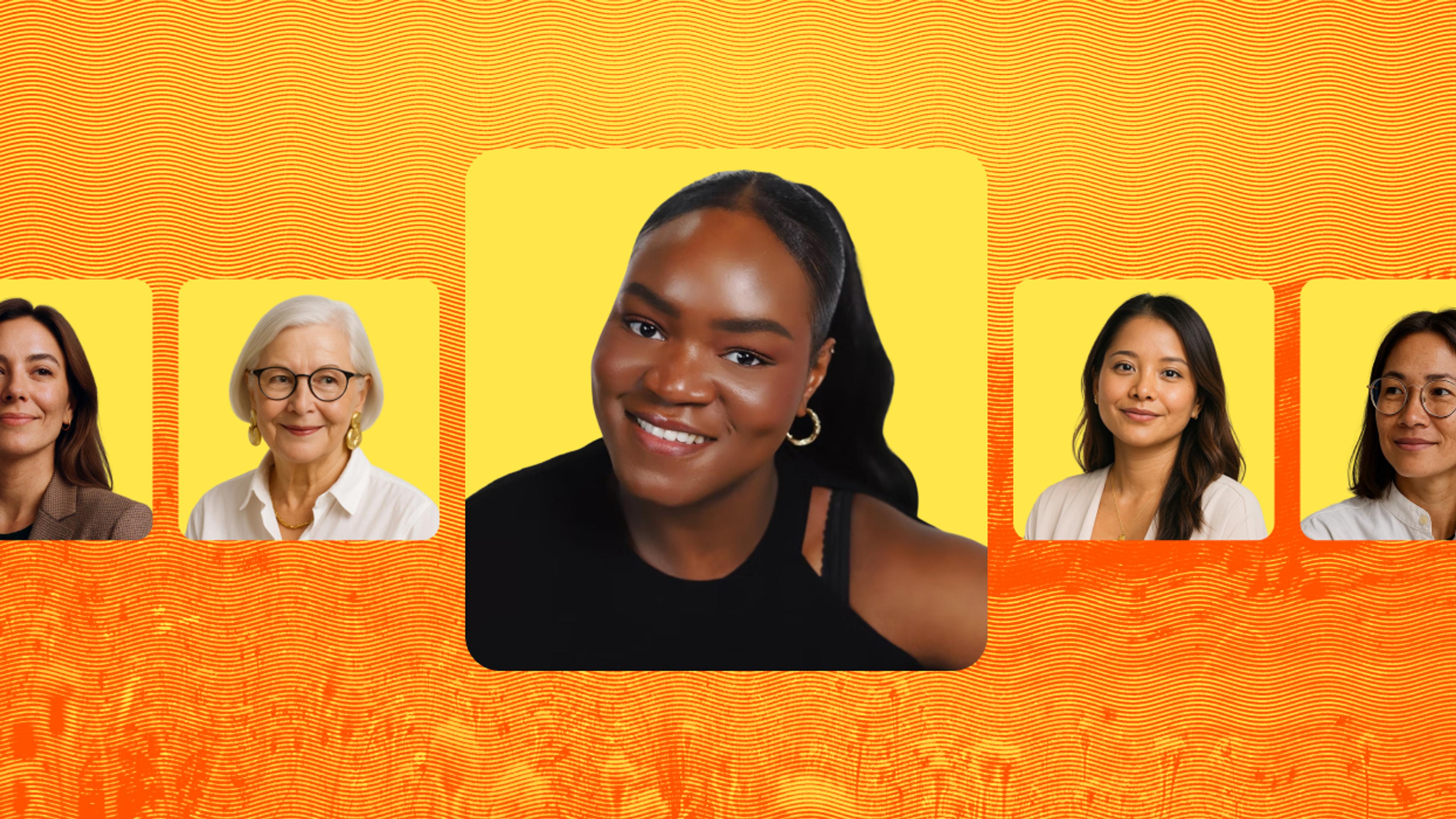 Collage of five women of different ages and backgrounds in portrait frames against a bright orange patterned background, with a central smiling woman featured prominently.