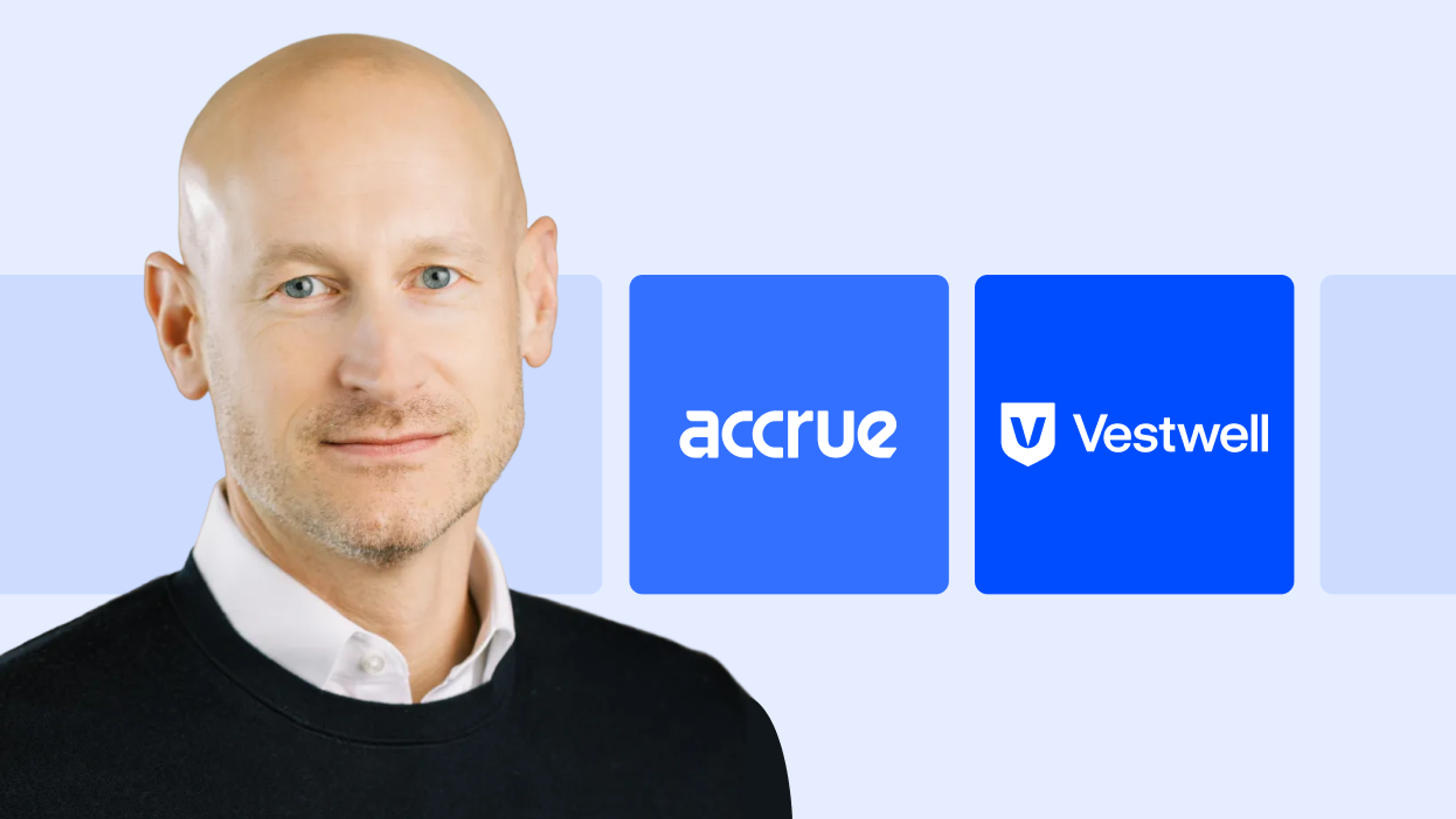 A headshot of Vestwell's Founder and CEO, Aaron Schumm, beside two blue tiles displaying the Accrue logo and the Vestwell logo, set against a light blue background.