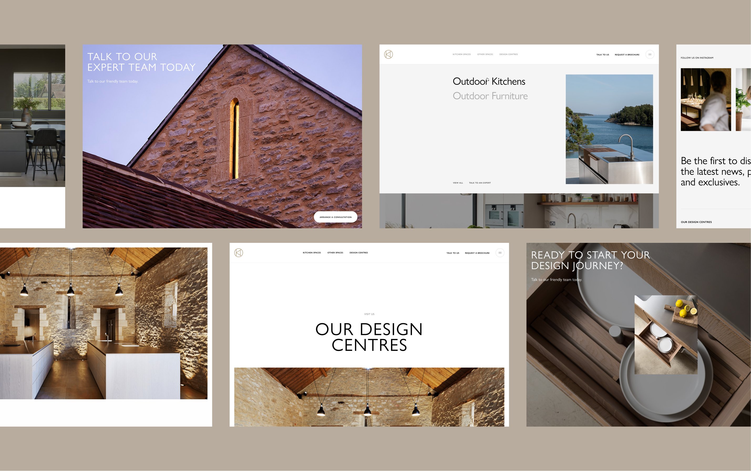 Mood board layout on a taupe background showing multiple Kitchen Architecture website screens — a "Talk To Our Expert Team Today" page with a stone gable end, the Outdoor Kitchens and Outdoor Furniture product page featuring a stainless steel kitchen by the sea, an Instagram follow section, a stone barn kitchen interior with pendant lighting, the "Our Design Centres" landing page, and a "Ready To Start Your Design Journey?" call to action.