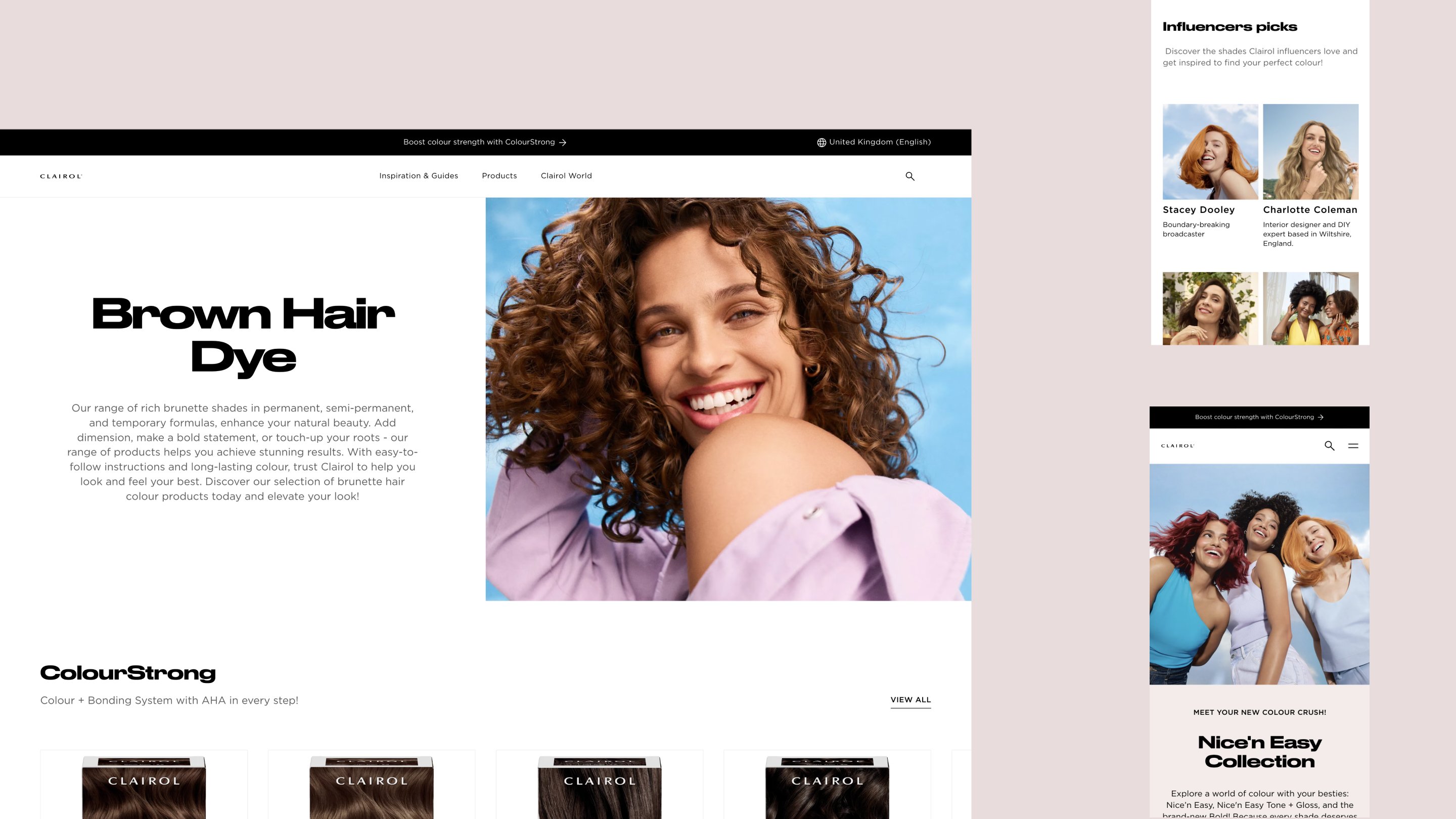 Clairol website screenshots showing the Brown Hair Dye category page alongside Influencer Picks and Nice'n Easy Collection mobile views