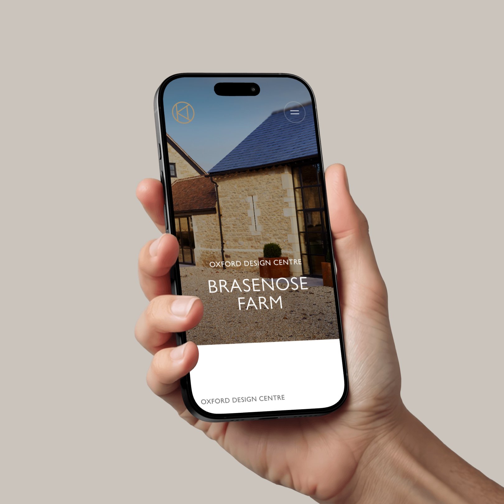 Mood board layout of multiple Kitchen Architecture website screens on a taupe background, including a "Talk To Our Expert Team Today" page, Outdoor Kitchens product page, Instagram section, a stone barn kitchen interior, and the Design Centres landing page.