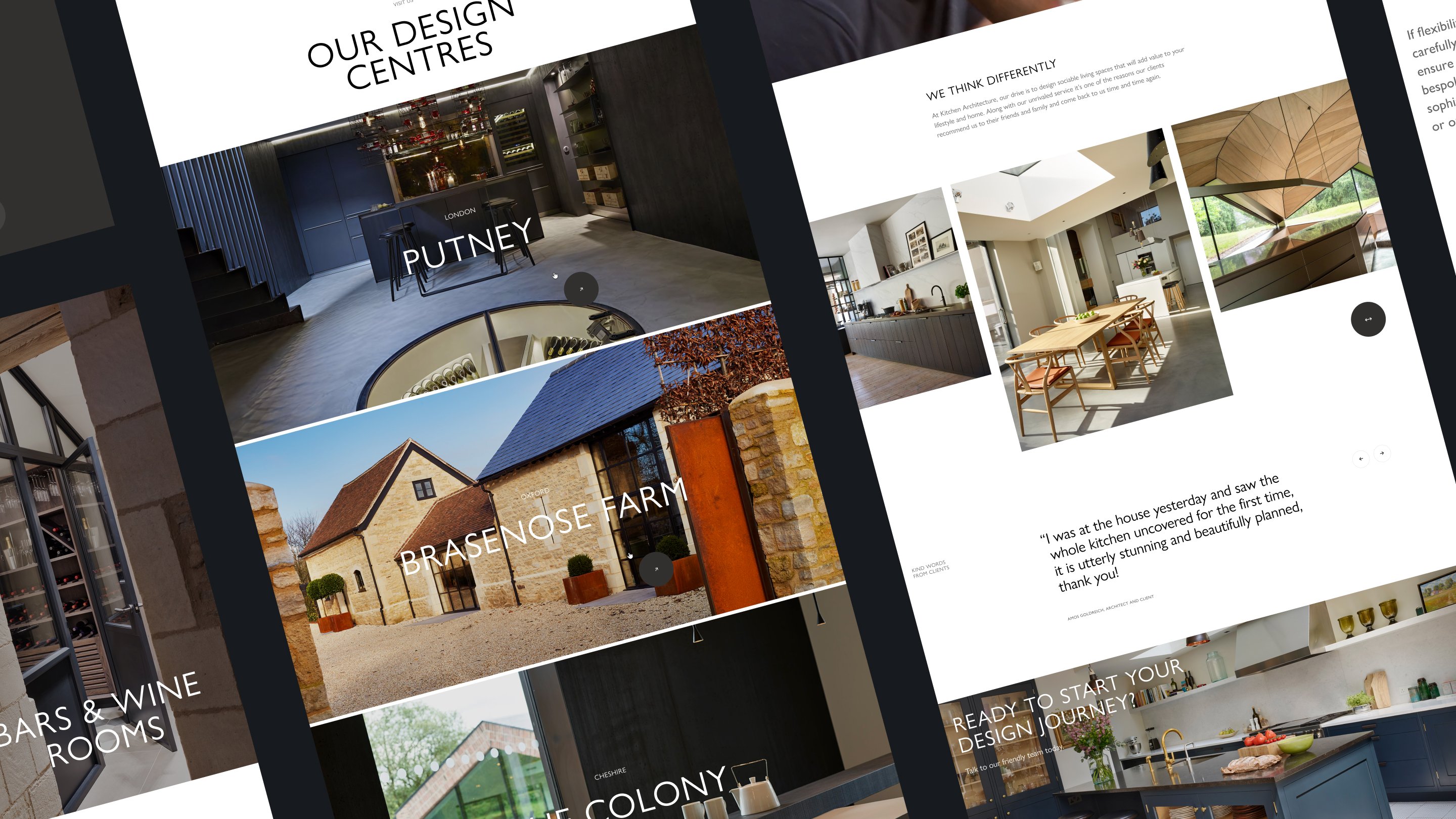 Desktop website layout showing a "We Invest In The Long Term" content section, with body copy about Kitchen Architecture's staff training philosophy on the left and a photograph of a rustic kitchen with dark cabinetry and wishbone chairs on the right.