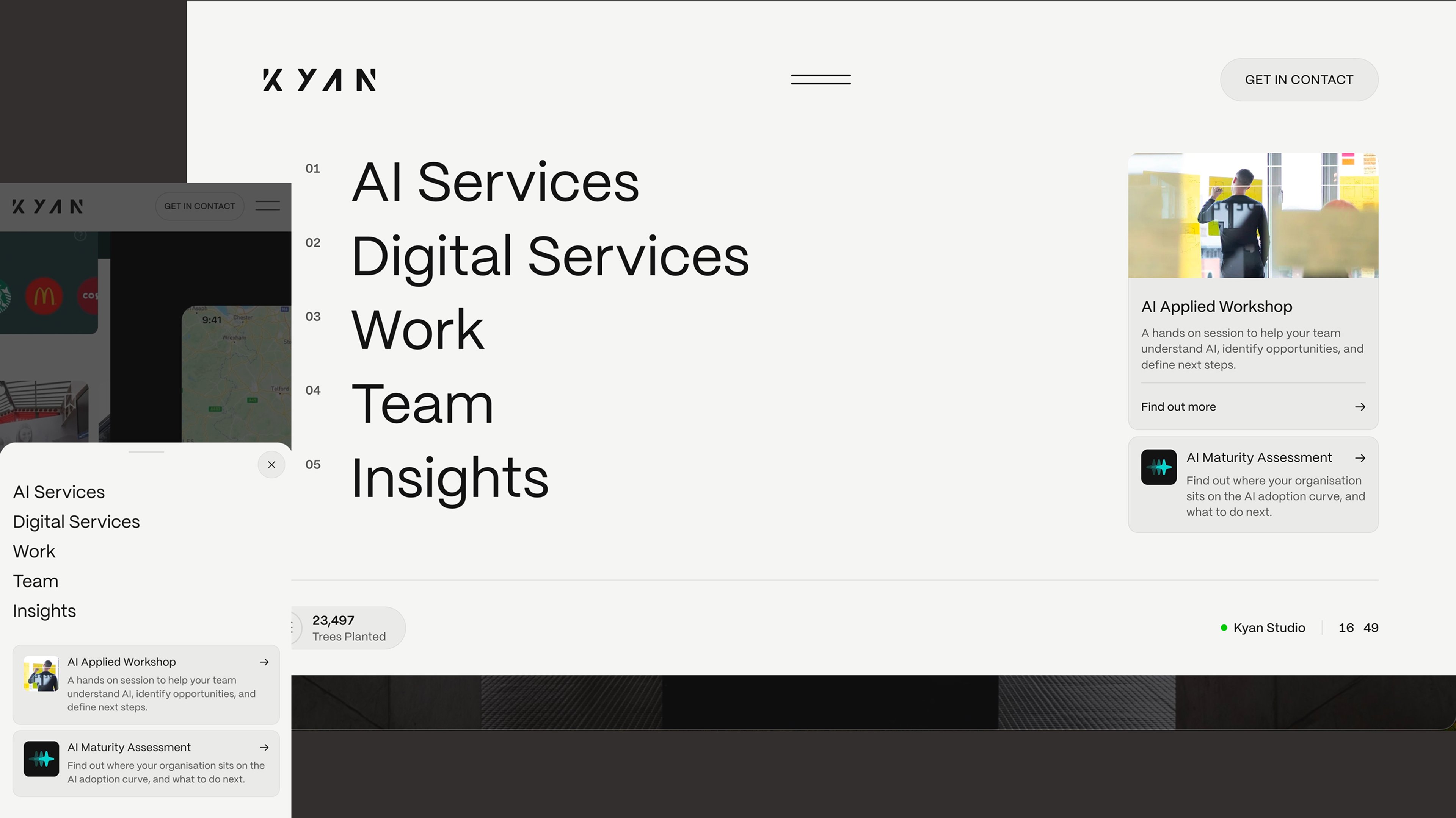Kyan website navigation menu with AI services links open