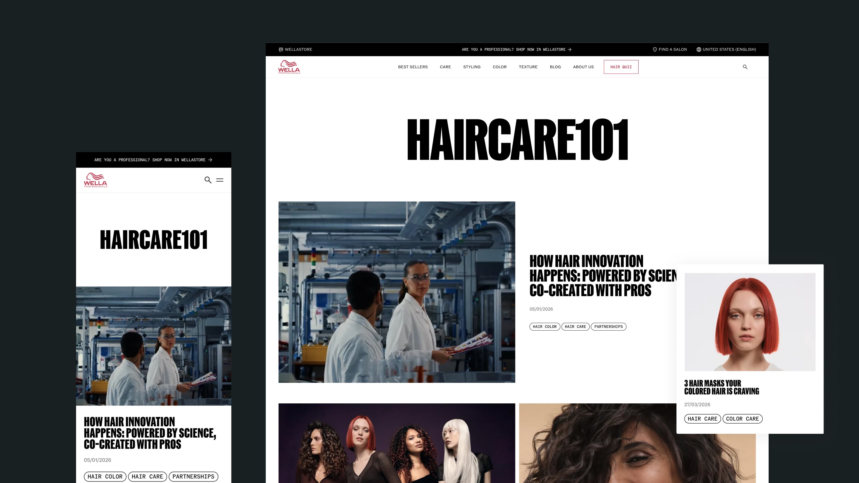 Wella Professionals Haircare 101 blog landing page shown on desktop and mobile, with featured articles on hair innovation and hair masks