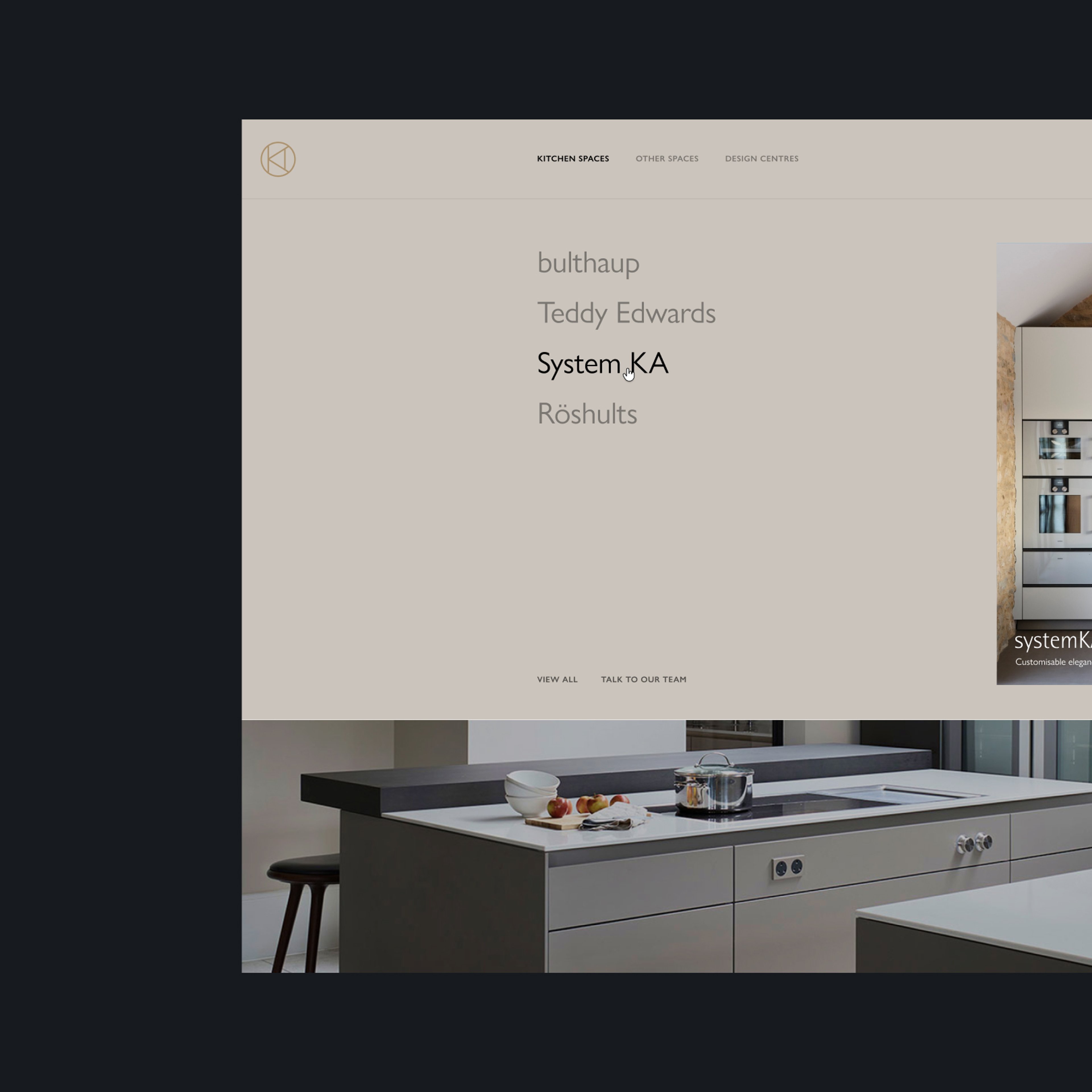 iPhone mockup on a textured concrete wall showing the Kitchen Architecture dark-mode mobile navigation menu, with primary links for Kitchen Spaces, Other Spaces, and Design Centres, plus secondary links and a close button.