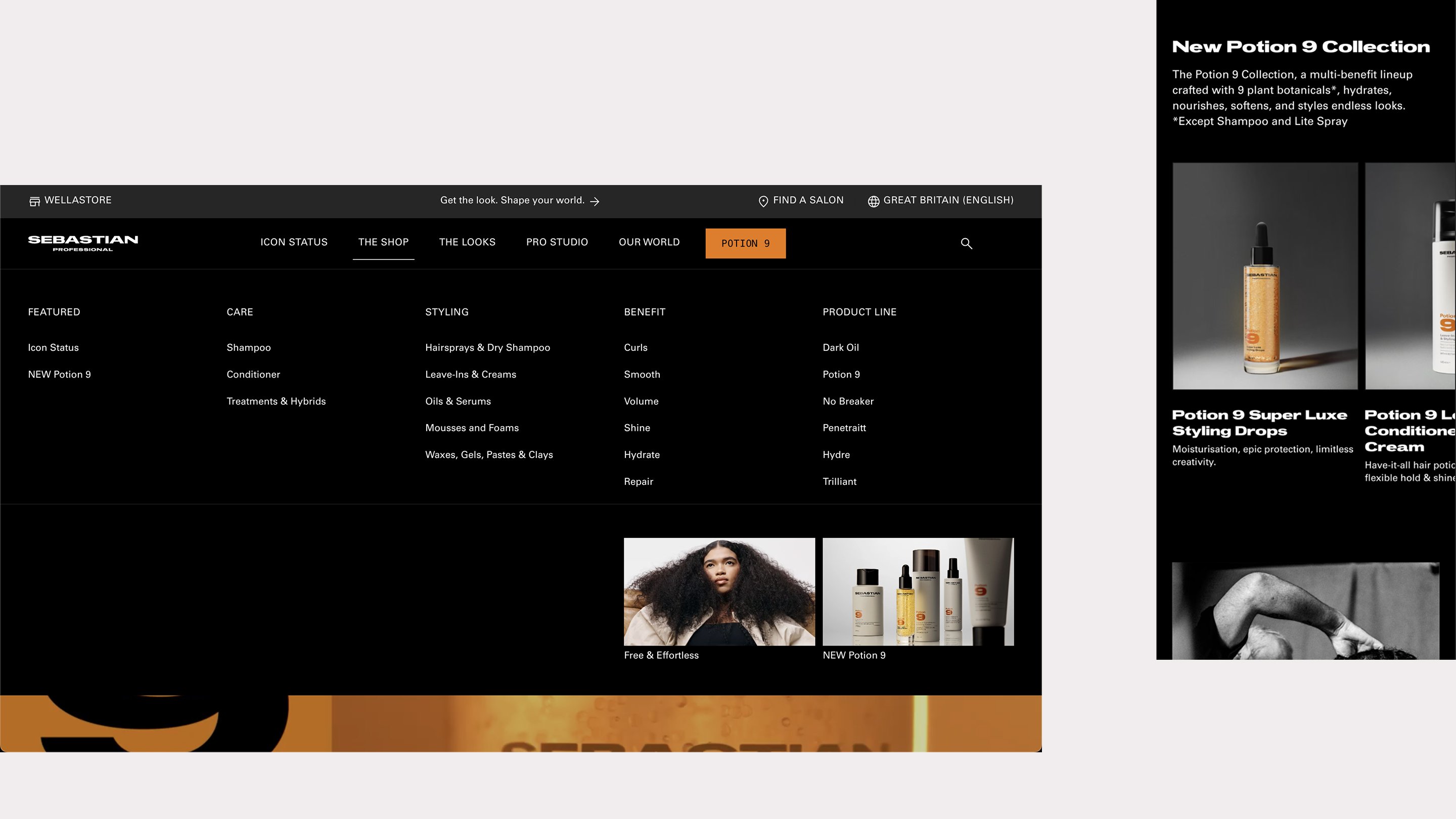 Sebastian Professional website mega-menu showing product categories alongside the Potion 9 collection product rail