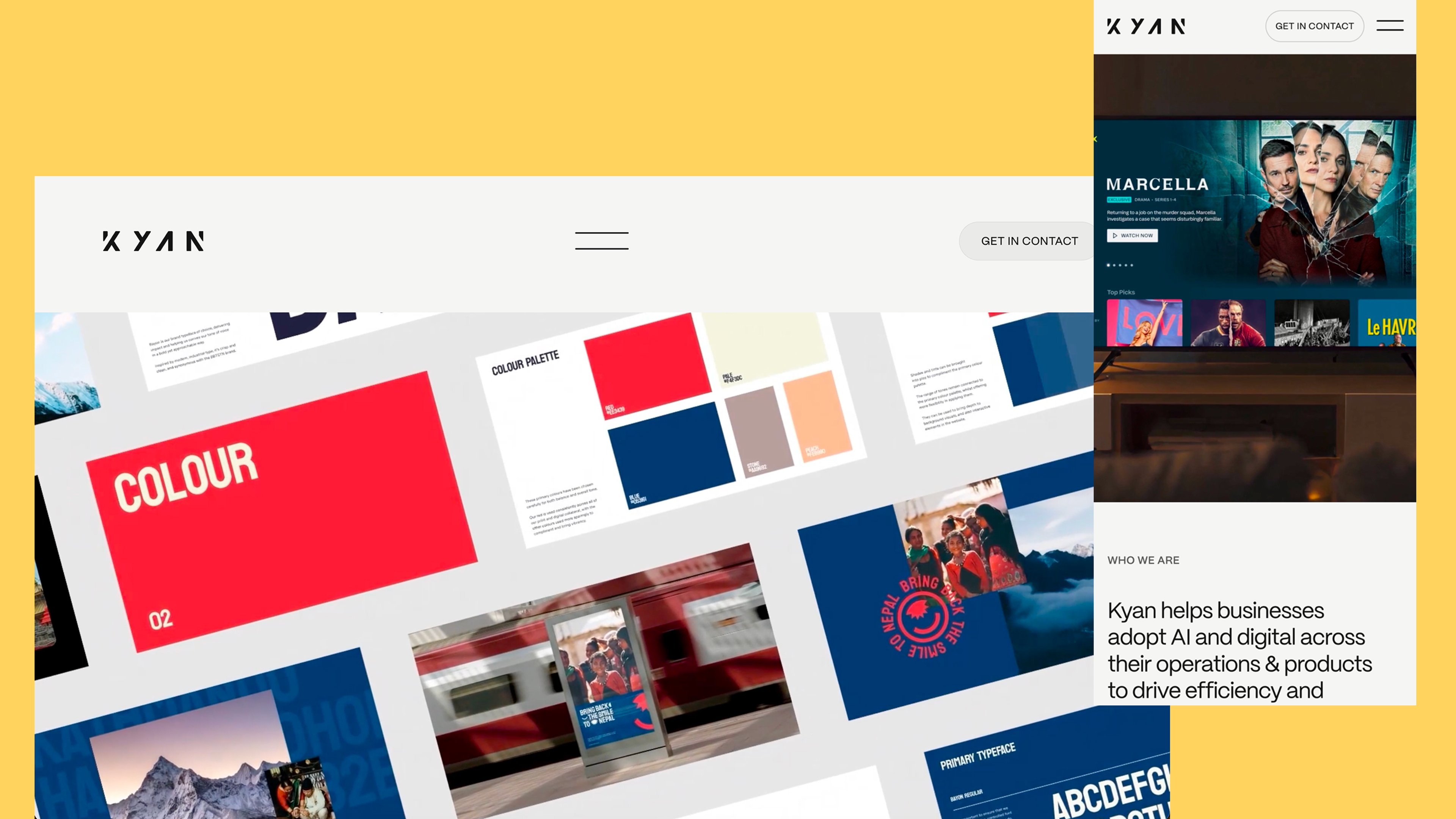 Kyan website homepage showing streaming platform case study and brand guidelines