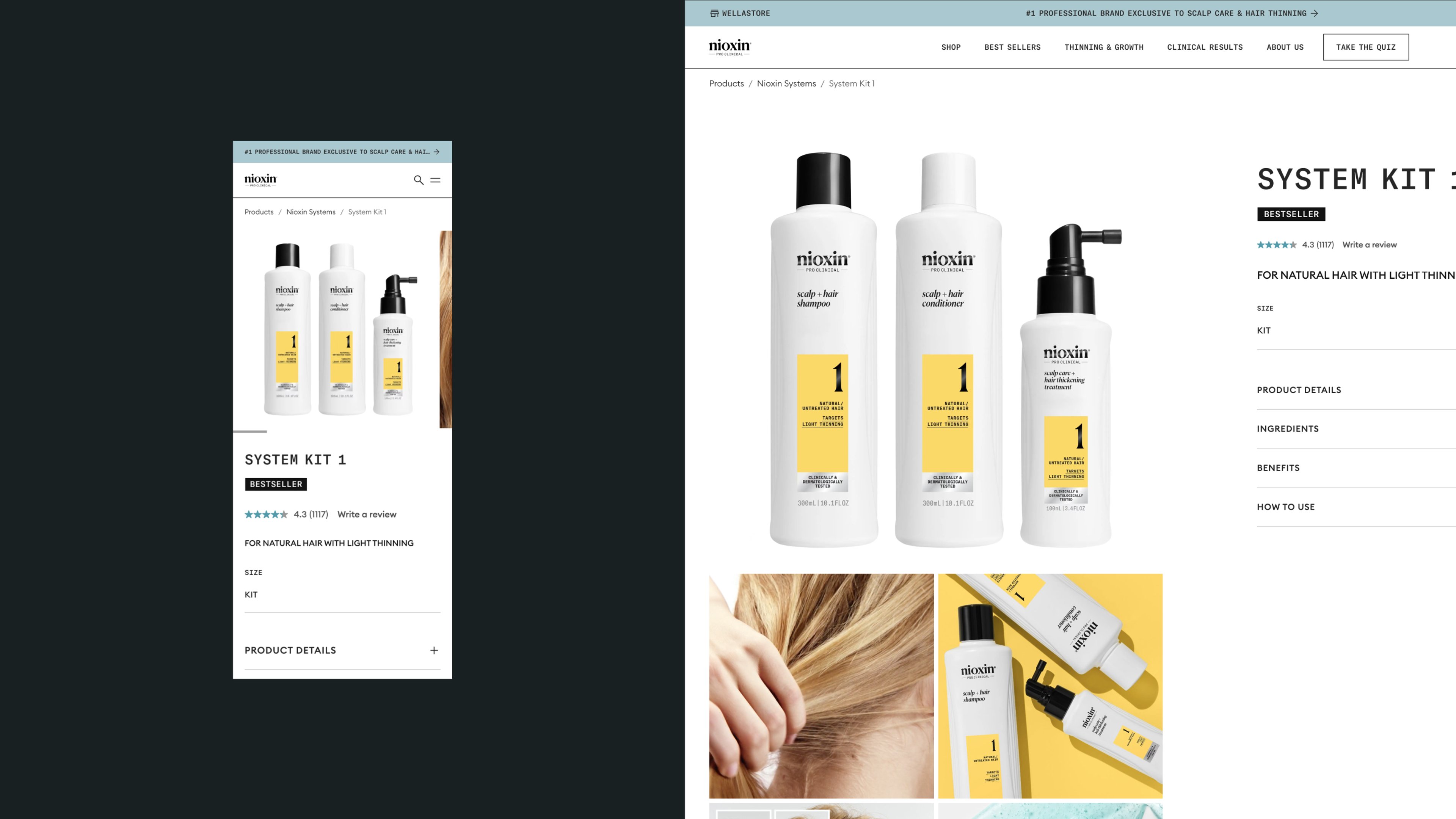 Nioxin System Kit 1 product page shown on mobile and desktop, featuring scalp and hair shampoo, conditioner and treatment for light thinning