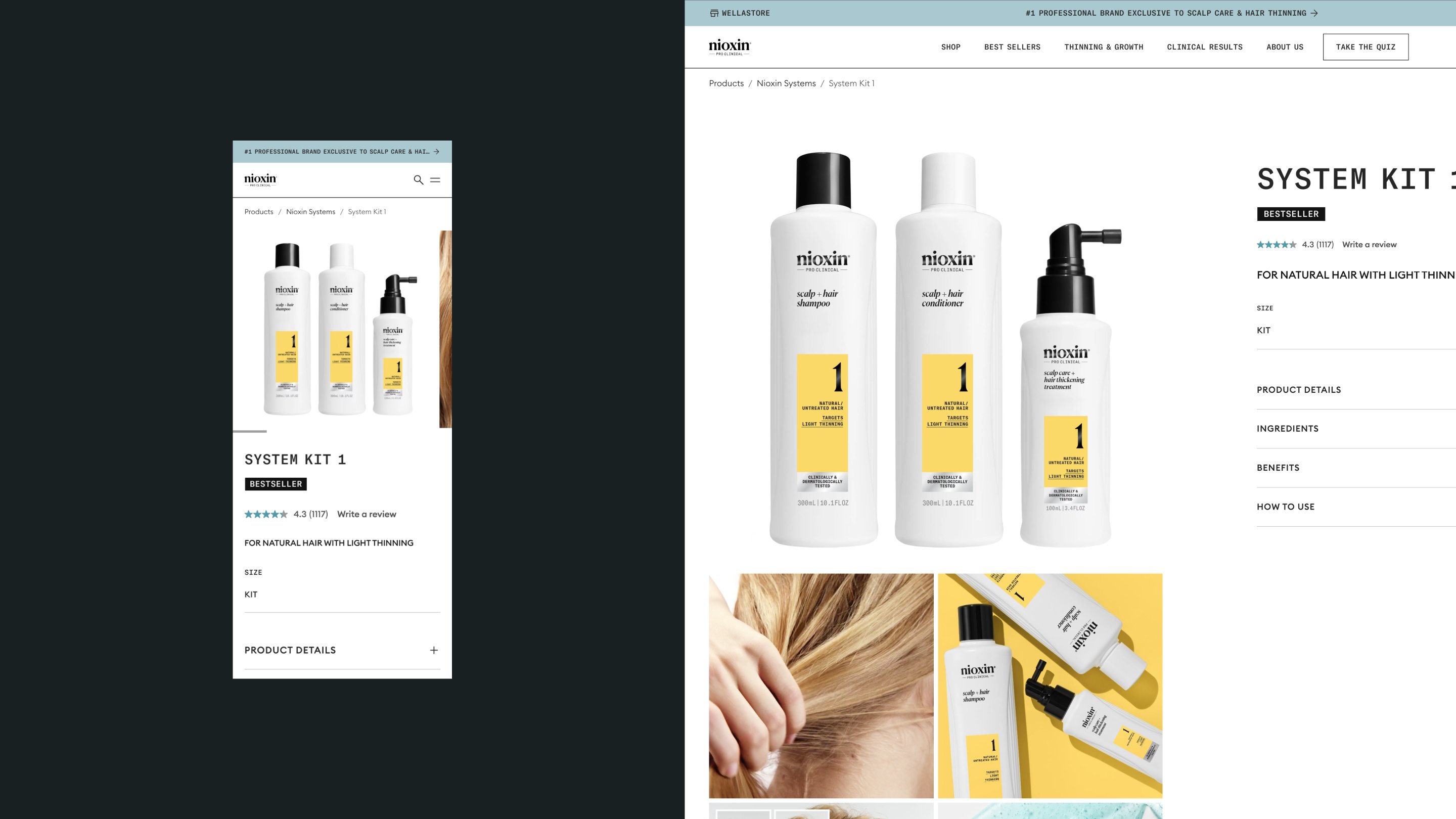 Nioxin System Kit 1 product page shown on mobile and desktop, featuring scalp and hair shampoo, conditioner and treatment for light thinning