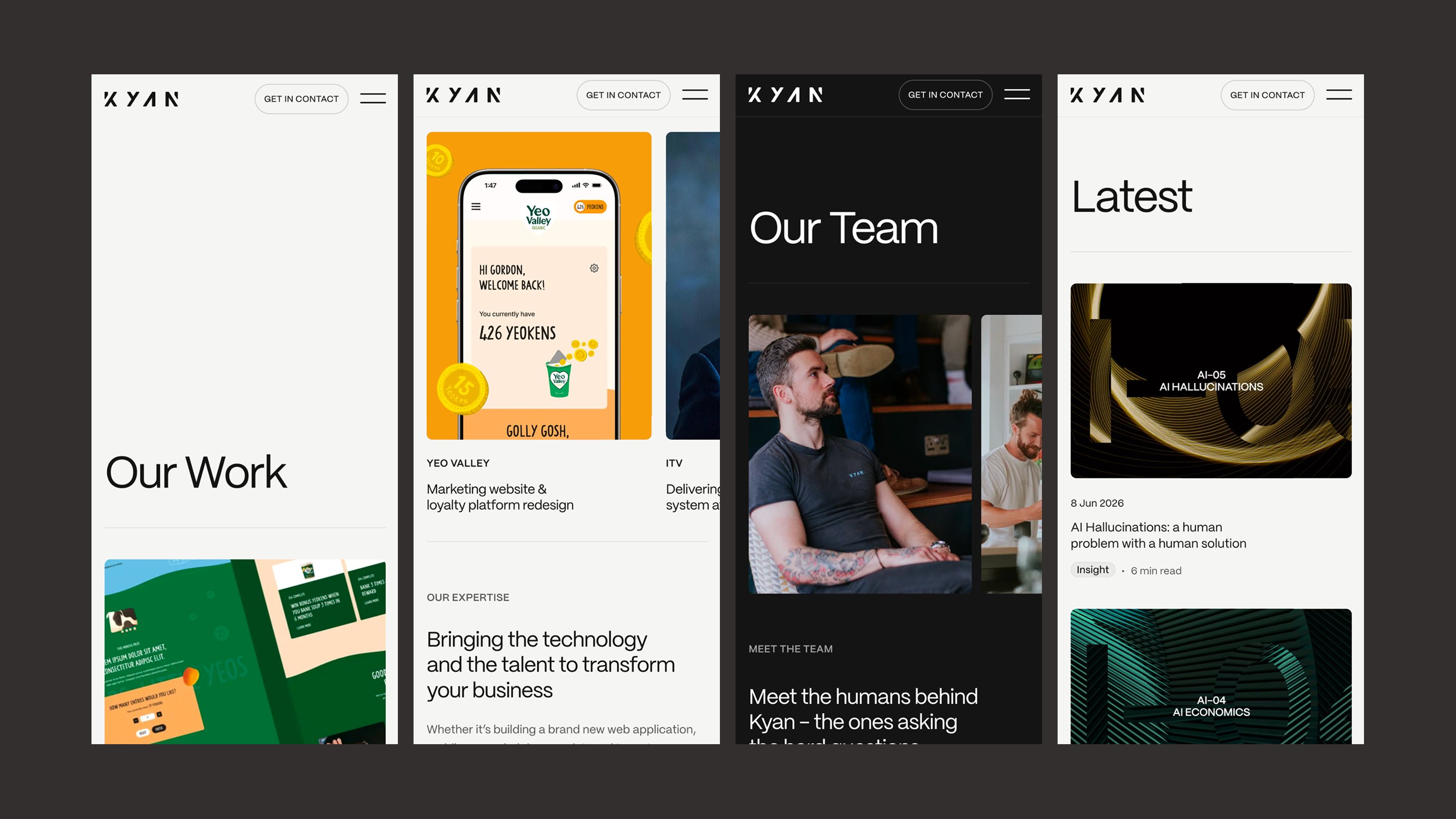 Four mobile screenshots of the Kyan website: work, Yeo Valley case study, team, and blog