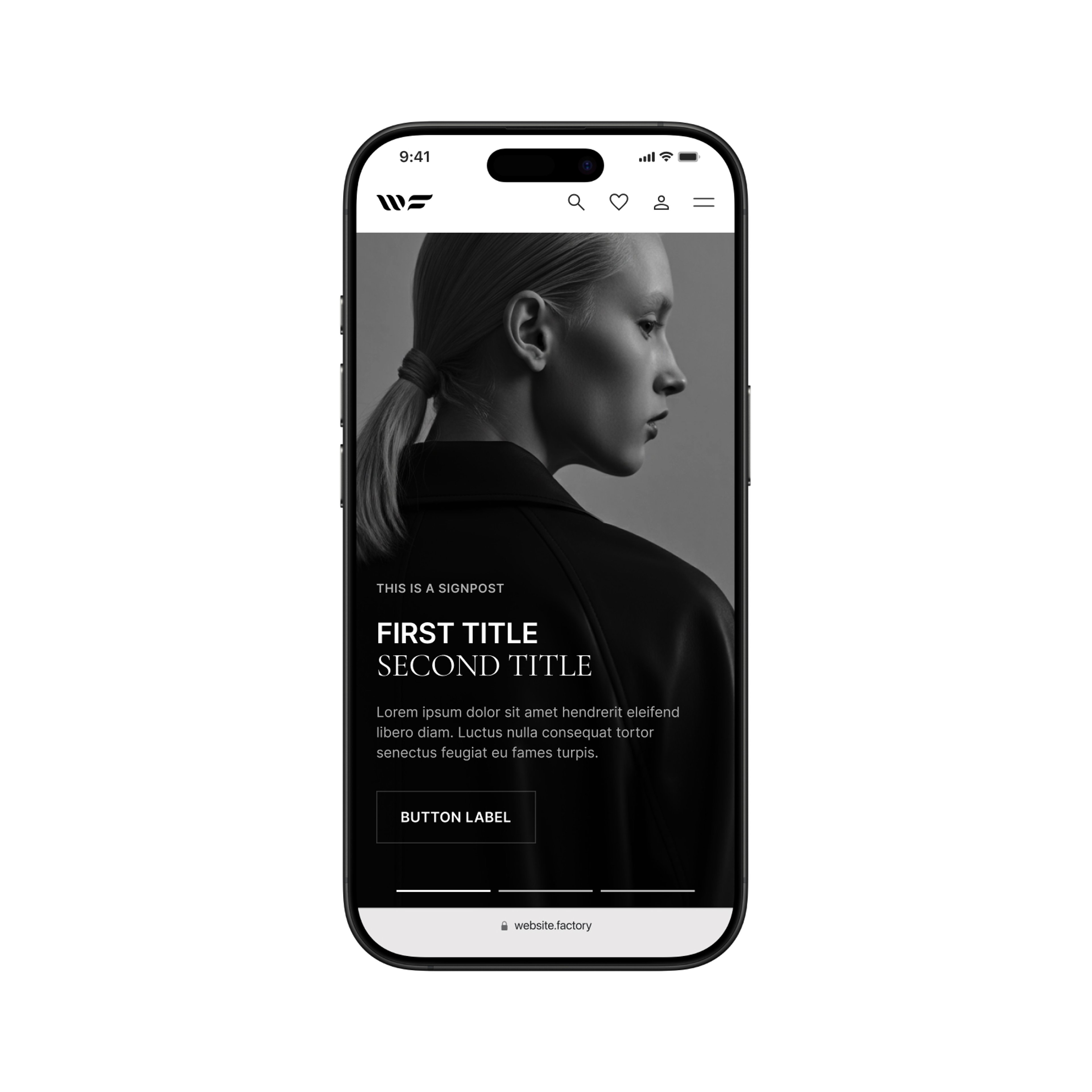 White Label Website Factory site displayed on an iPhone, showing a fashion-style hero layout with a black-and-white portrait and call-to-action button
