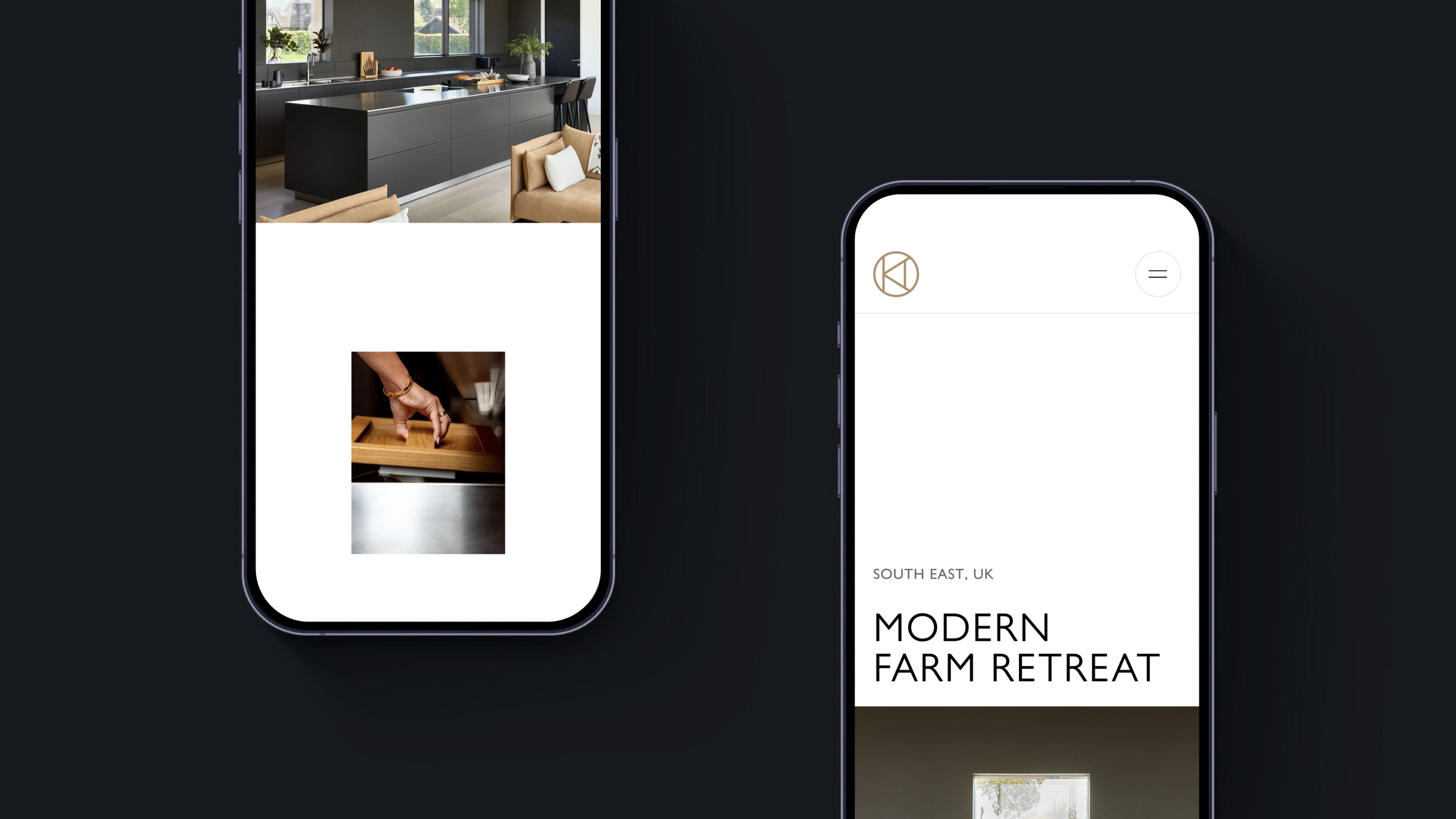 Two iPhone mockups on a black background showing Kitchen Architecture's mobile site — the left phone displays a project page with a dark contemporary kitchen interior above a close-up photograph of a hand opening a wooden drawer, while the right phone shows the project landing screen with the KA monogram, "South East, UK" location tag, and "Modern Farm Retreat" title.