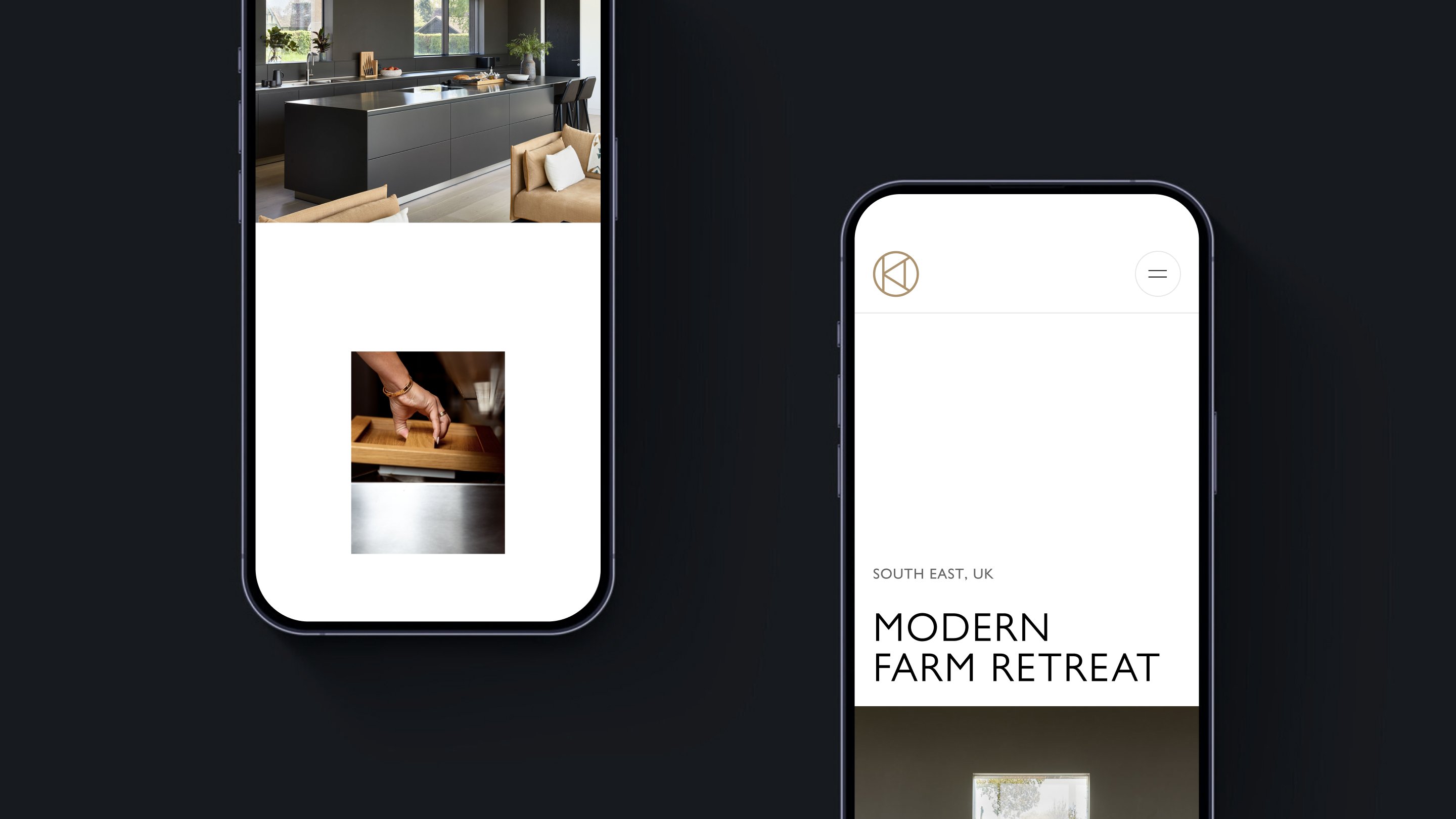 Two iPhone mockups on a black background showing Kitchen Architecture's mobile site — the left phone displays a project page with a dark contemporary kitchen interior above a close-up photograph of a hand opening a wooden drawer, while the right phone shows the project landing screen with the KA monogram, "South East, UK" location tag, and "Modern Farm Retreat" title.
