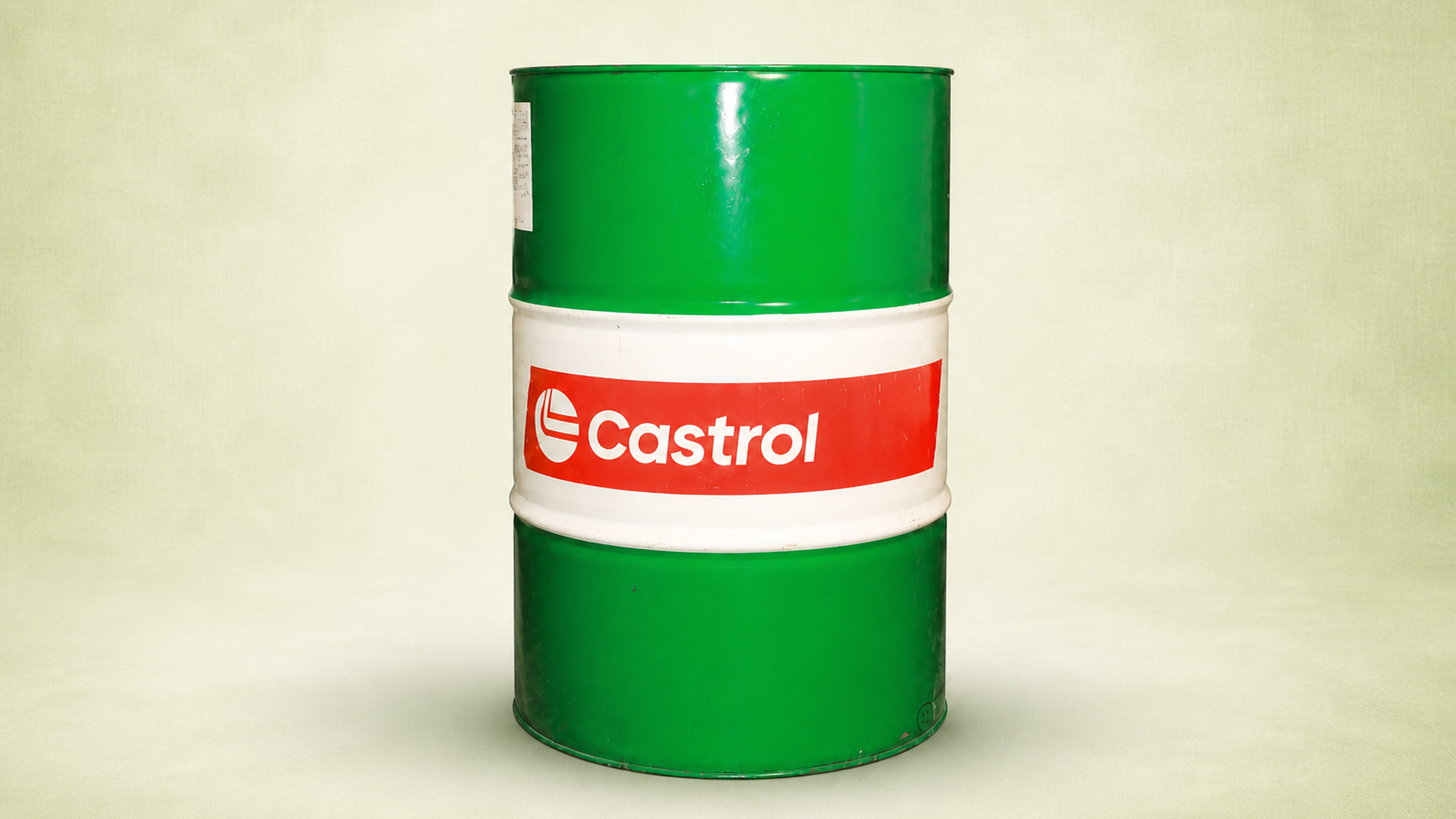Full-size vintage Castrol motor oil drum prop with green, white and red branding