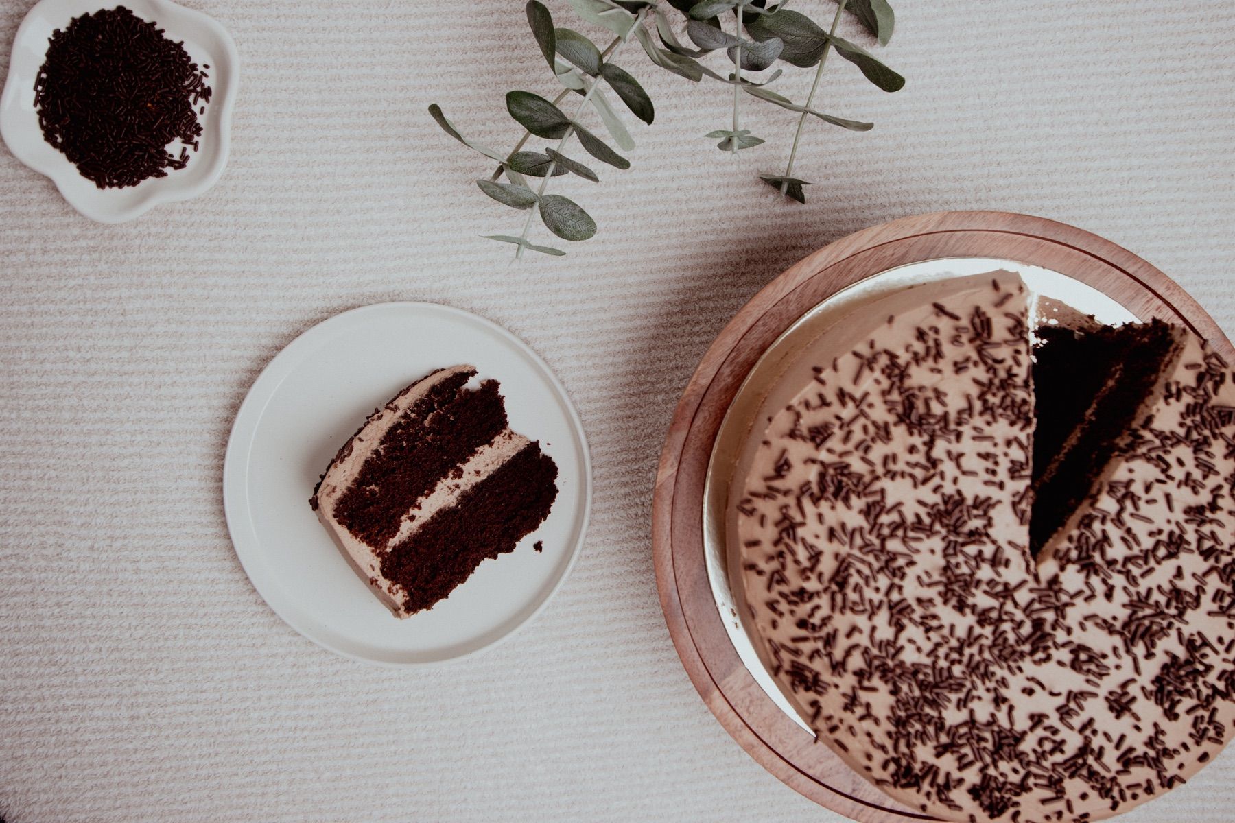 Overhead view of a chocolate sprinkle cake with a slice cut out, next to a plated slice