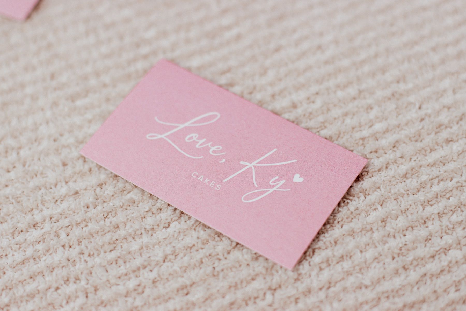 Pink Love, Ky Cakes business card with a heart accent