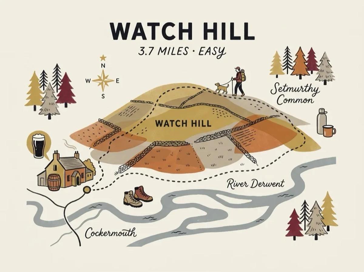 Illustrated route map of the Watch Hill walk near Cockermouth, walkable from the brewery, 3.7 miles, Easy.