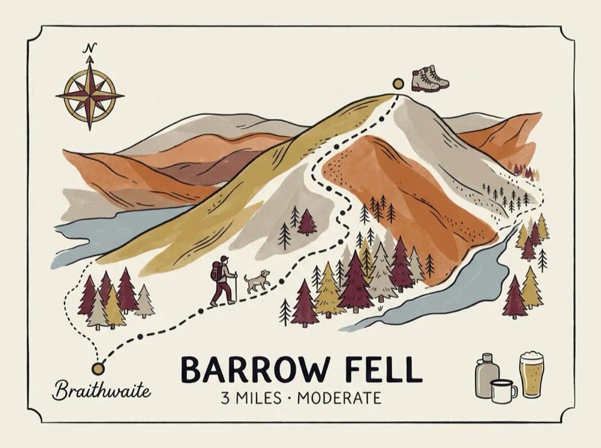 Illustrated route map of the Barrow Fell walk near Braithwaite, between Bassenthwaite and Keswick, 3 miles, Moderate.