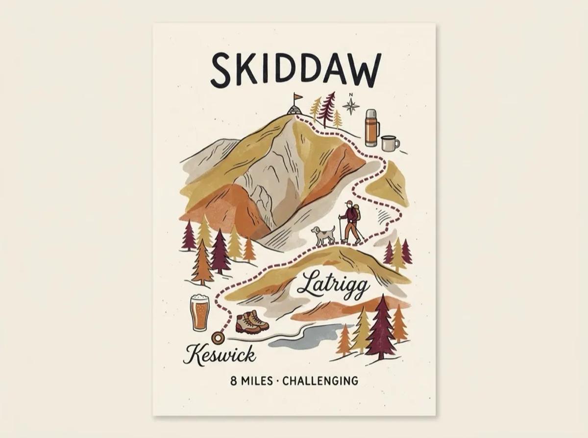 Illustrated route map of the Skiddaw walk near Keswick, 8 miles, Challenging.