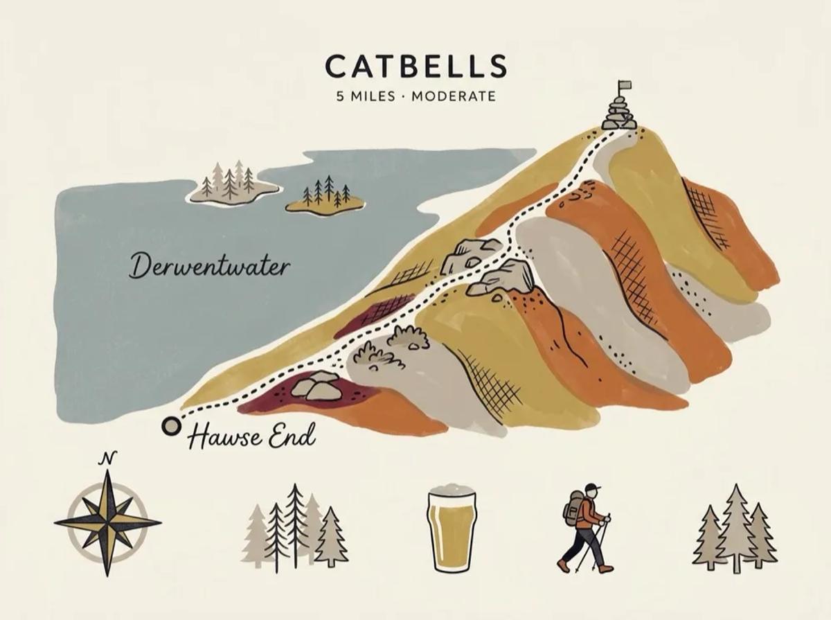 Illustrated route map of the Catbells via Derwentwater walk near Derwentwater, near Keswick, 4.2 miles, Moderate.