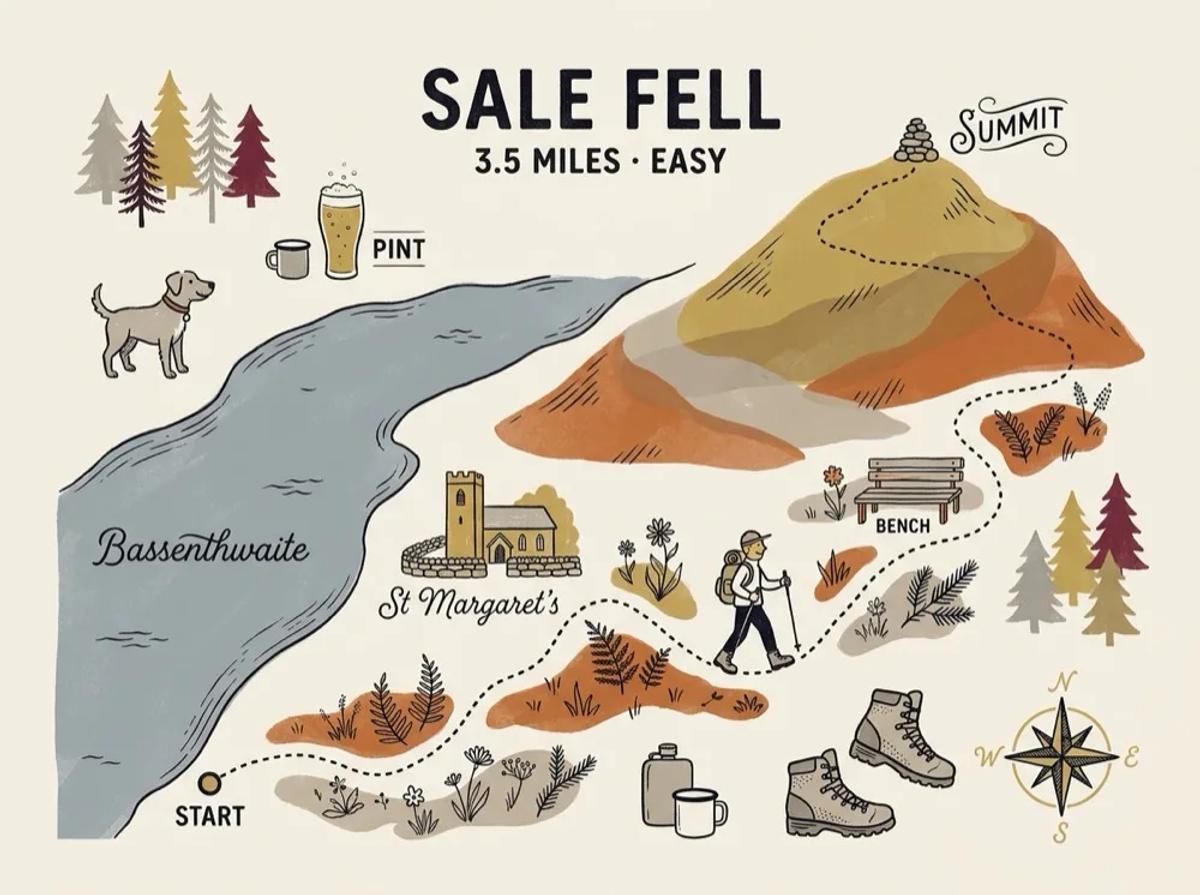Illustrated route map of the Sale Fell walk near Bassenthwaite, 3.1 miles, Moderate.