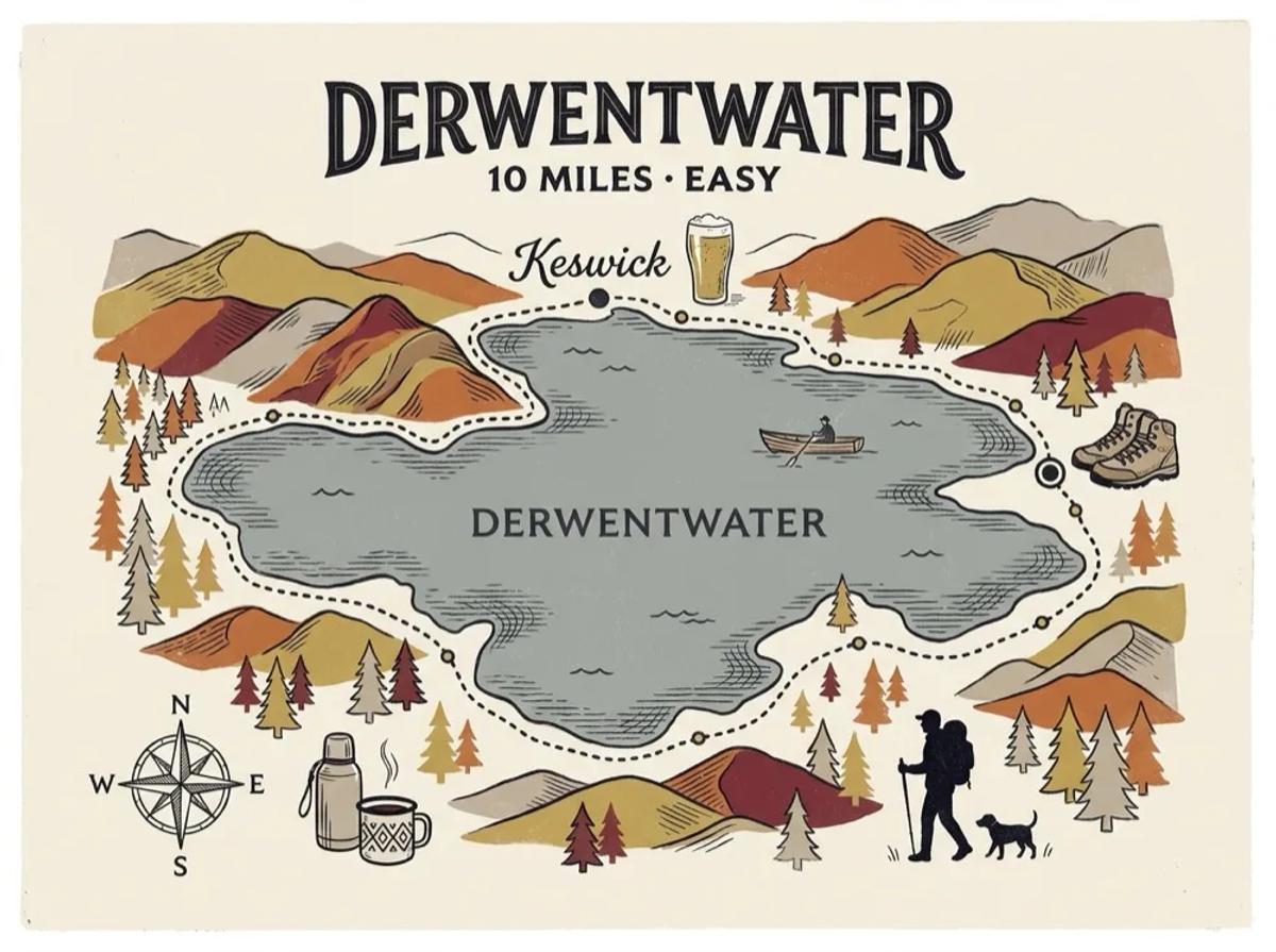 Illustrated route map of the The Derwentwater Walk walk near Keswick, 10 miles, Easy.