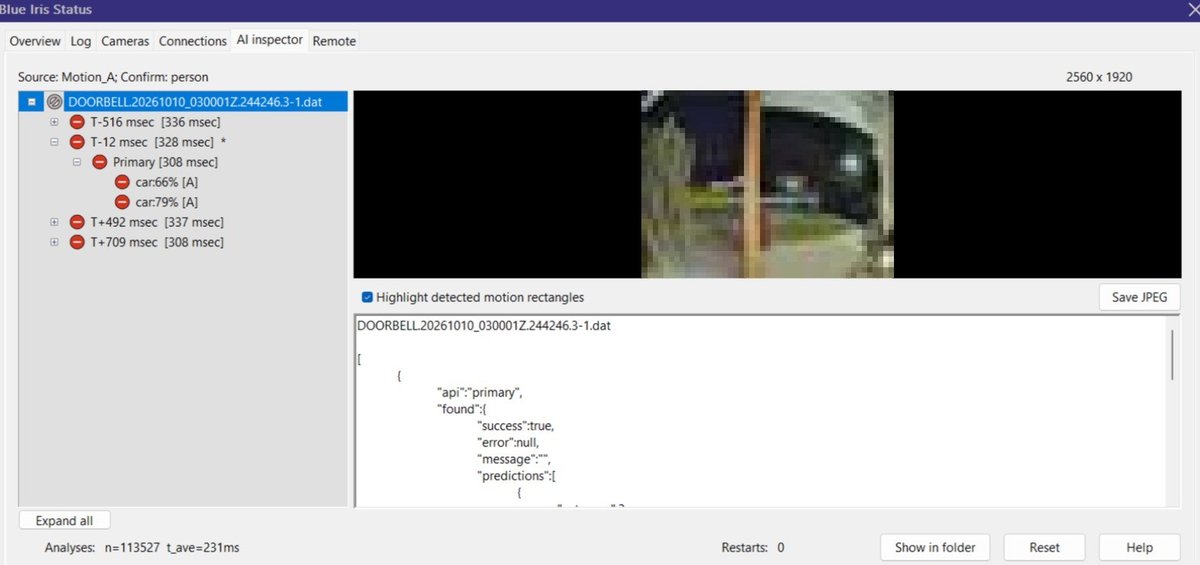 Blue Iris AI inspector on a canceled doorbell alert