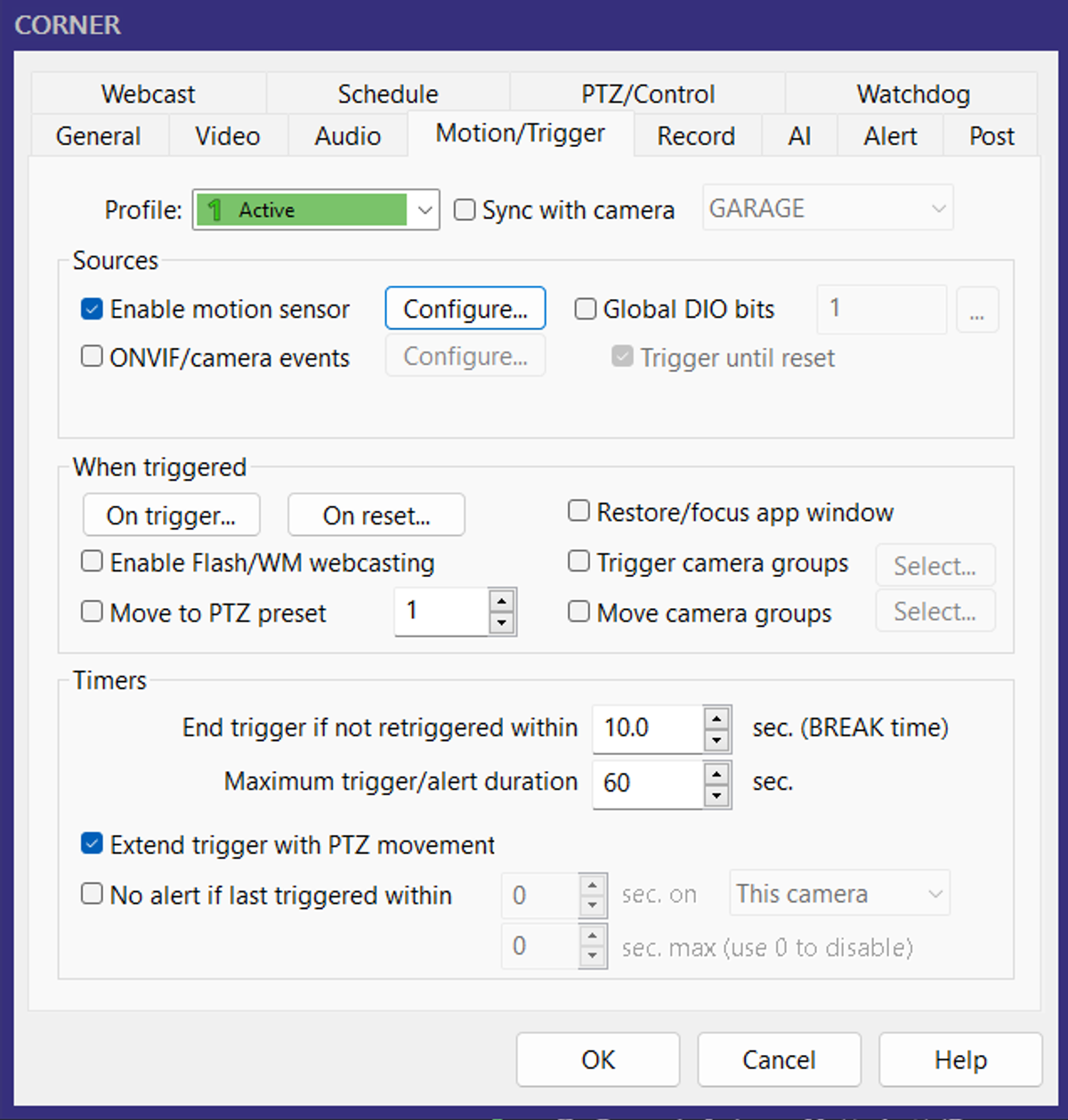 Camera Motion/Trigger Settings