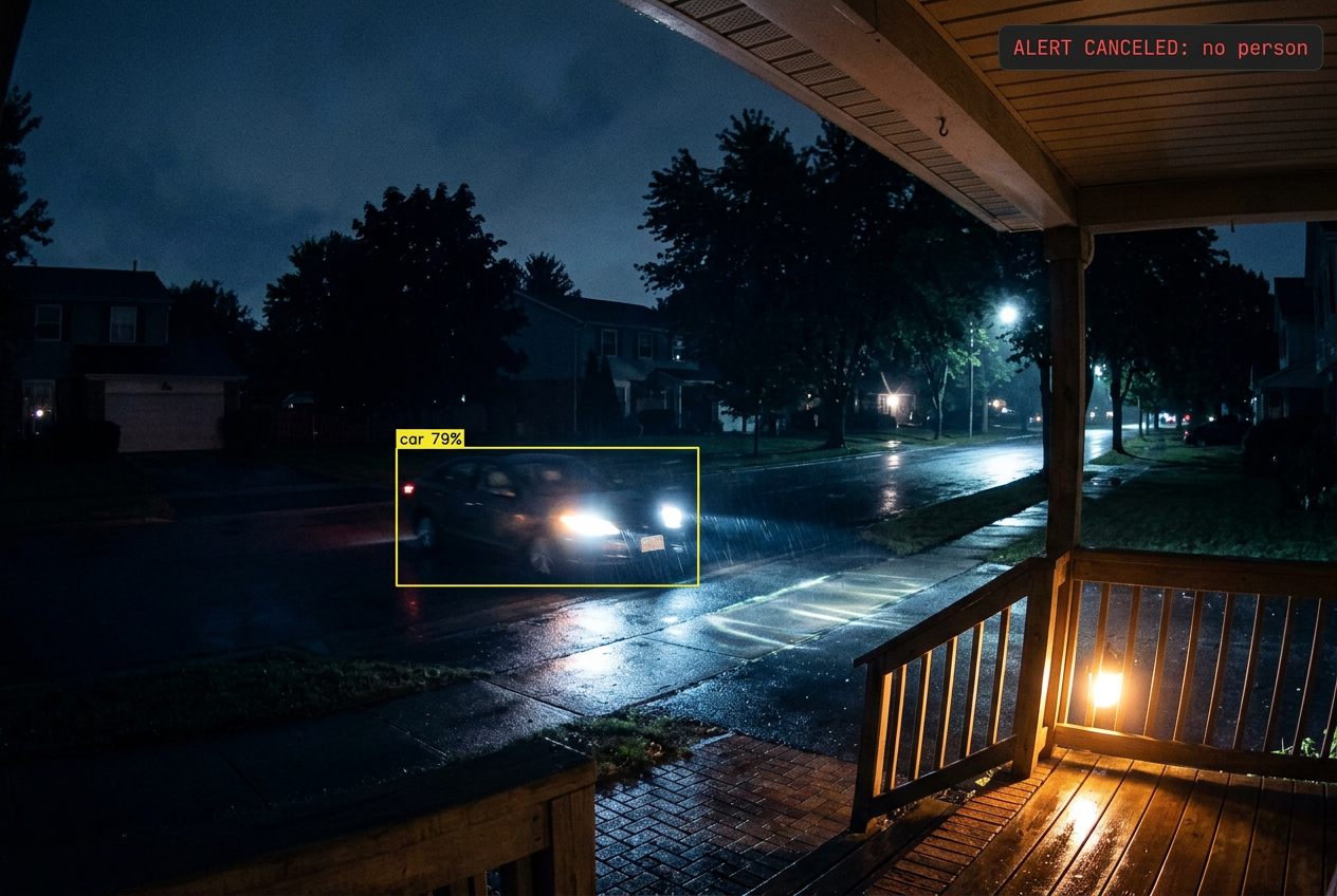 Security camera view of a car passing at night, tagged car 79% by AI, with the alert canceled because no person was detected