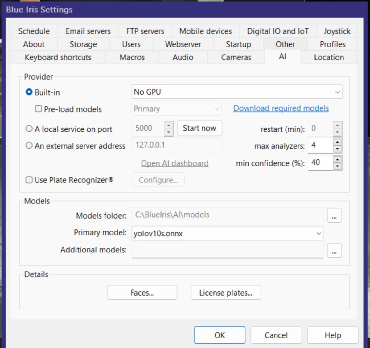 Blue Iris global AI settings