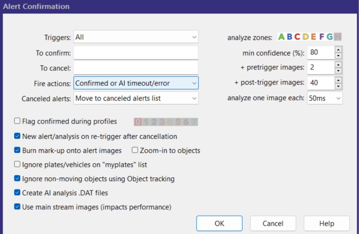 License plate camera alert confirmation settings