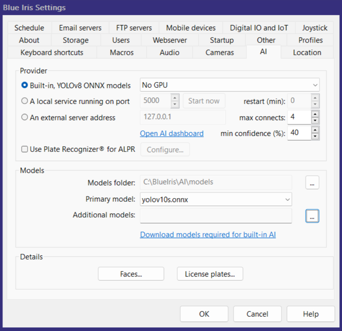 Blue Iris AI Model Settings