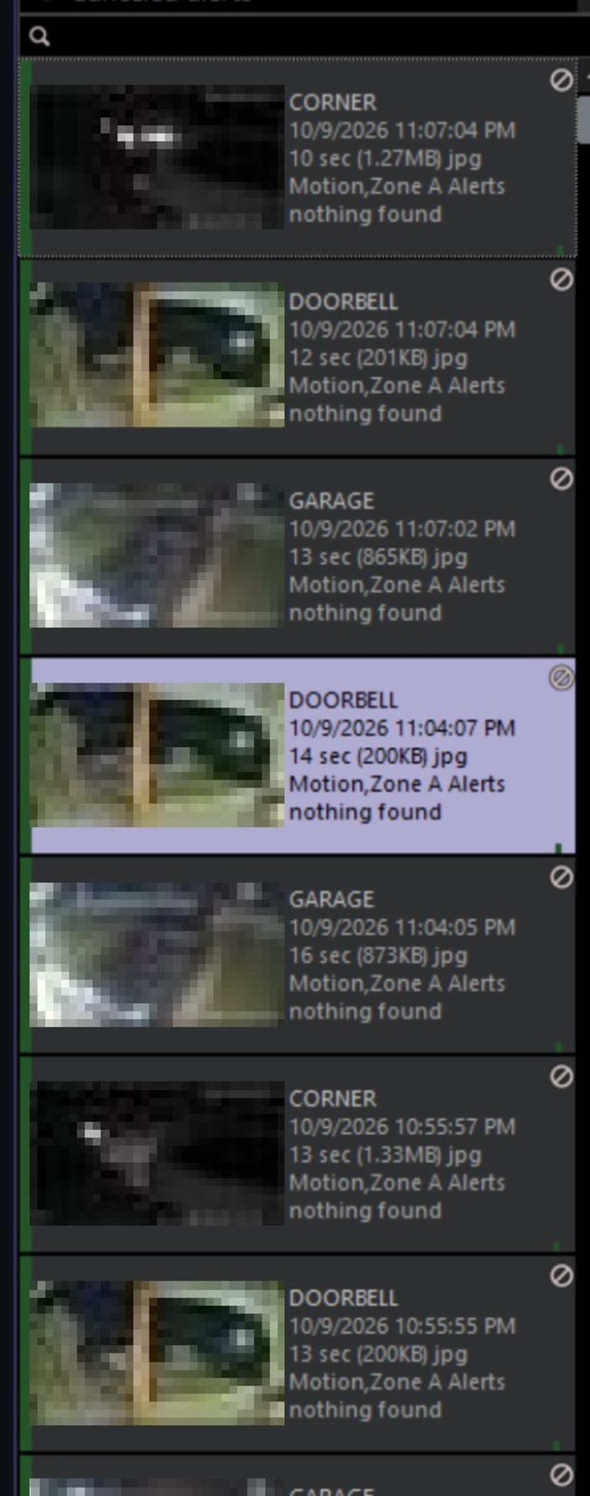 Canceled alerts list showing the same car tripping three cameras