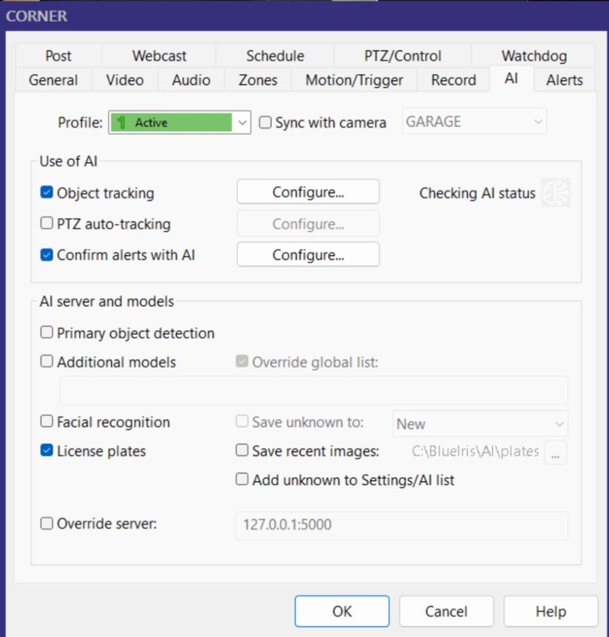 License plate camera AI settings