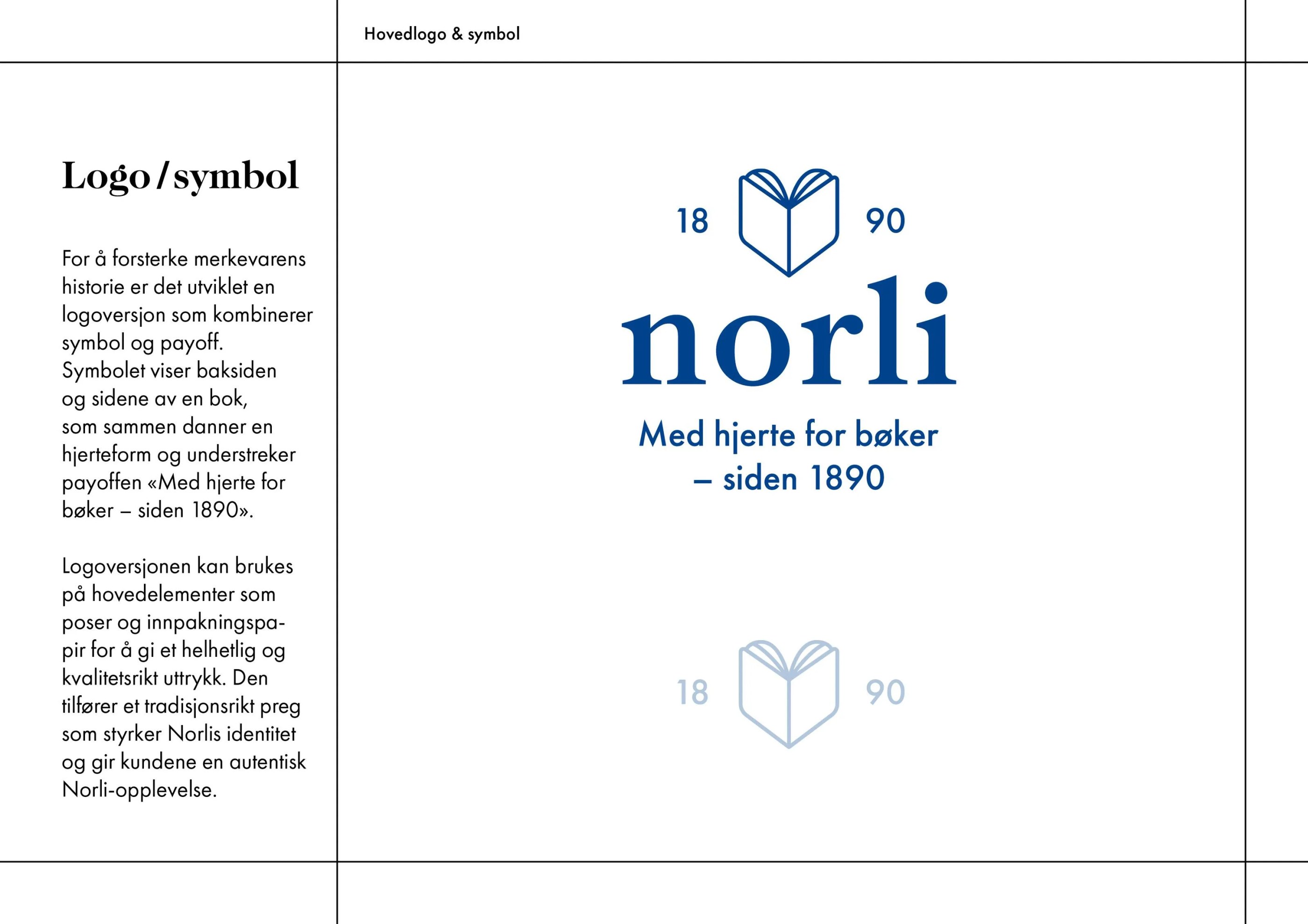 Norli logo featuring a stylised book forming a heart shape with the numbers 18 and 90 on either side, the word 'norli' below, and the tagline 'Med hjerte for bøker – siden 1890' in blue.