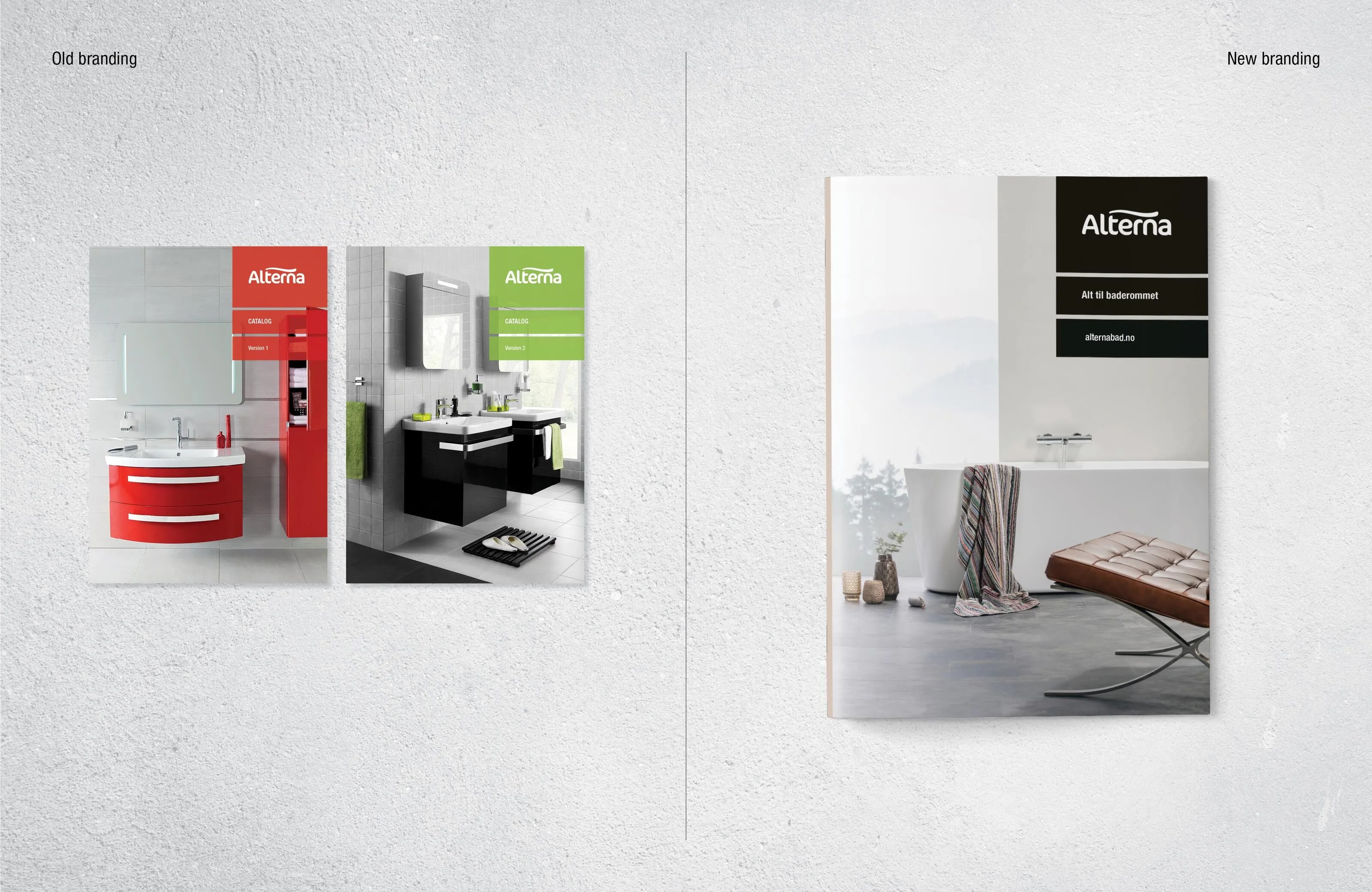 Alterna branding comparison showing old and new bathroom furniture identity: left side displays bold red and green branded vanity units with coloured accent panels; right side shows refined minimalist branding with sleek dark wood vanity, white ceramic basin, and black logo tag on white background.