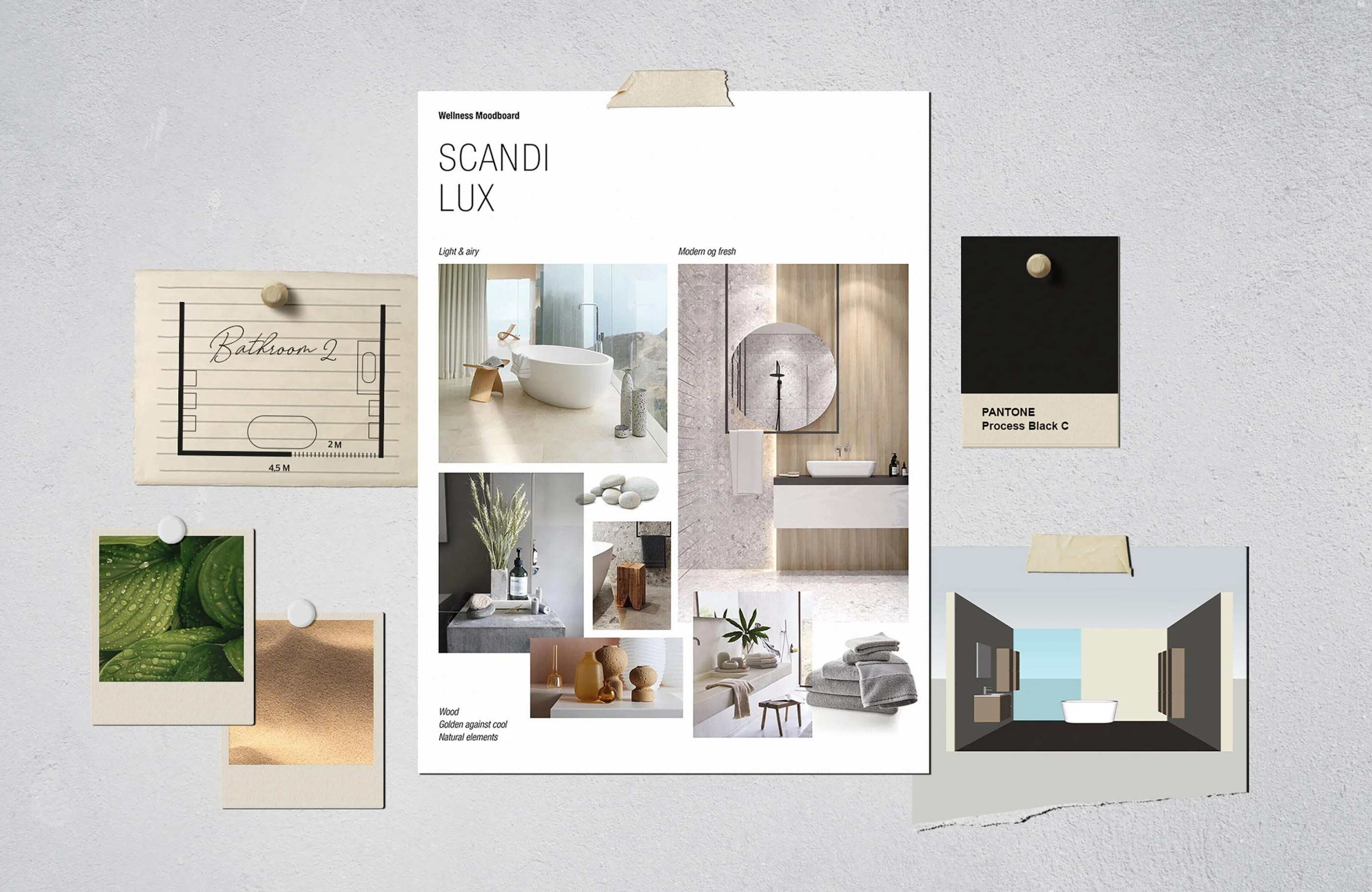 Alterna design moodboard displaying light wood textures, natural stone samples, white ceramic surfaces, light fabrics, and material swatches with handwritten bathroom floor plan sketch and PANTONE colour reference arranged to demonstrate Scandinavian design aesthetic.