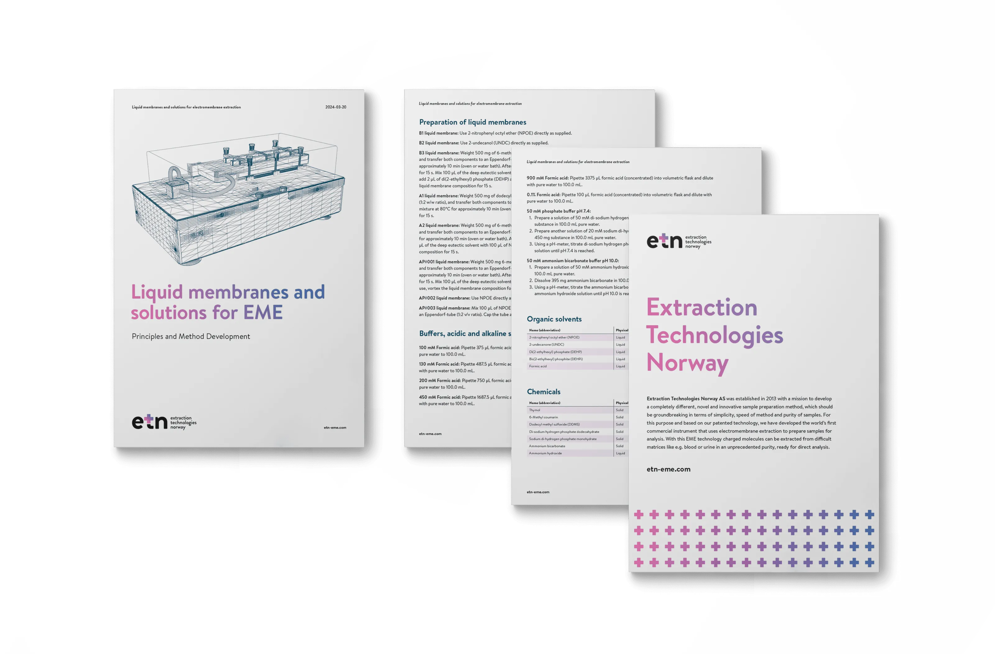 Stack of informational booklets titled 'Liquid membranes and solutions for EME' and 'Extraction Technologies Norway' with text and diagrams about membrane preparation and chemicals.