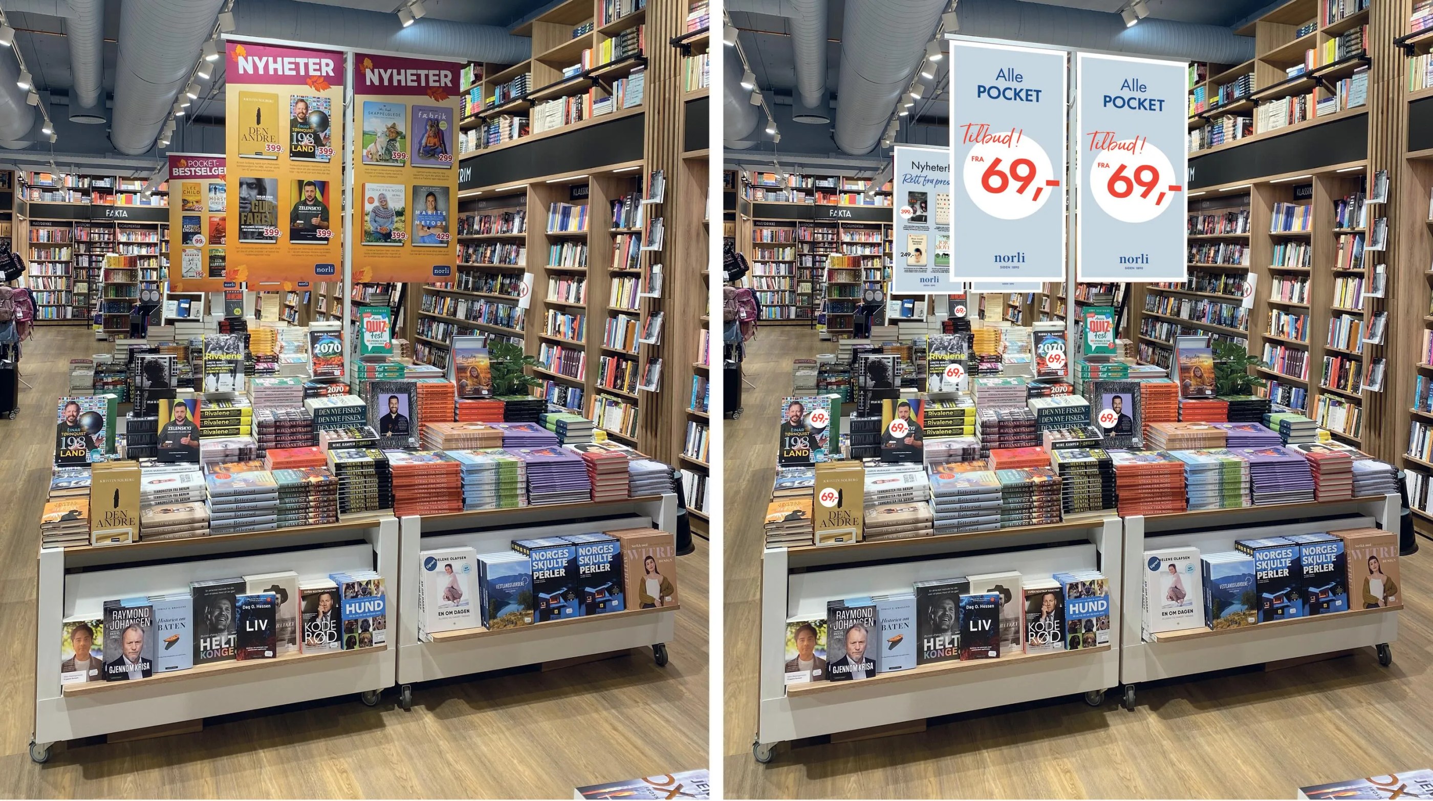 Side-by-side comparison of a Norli bookstore before and after the new identity.