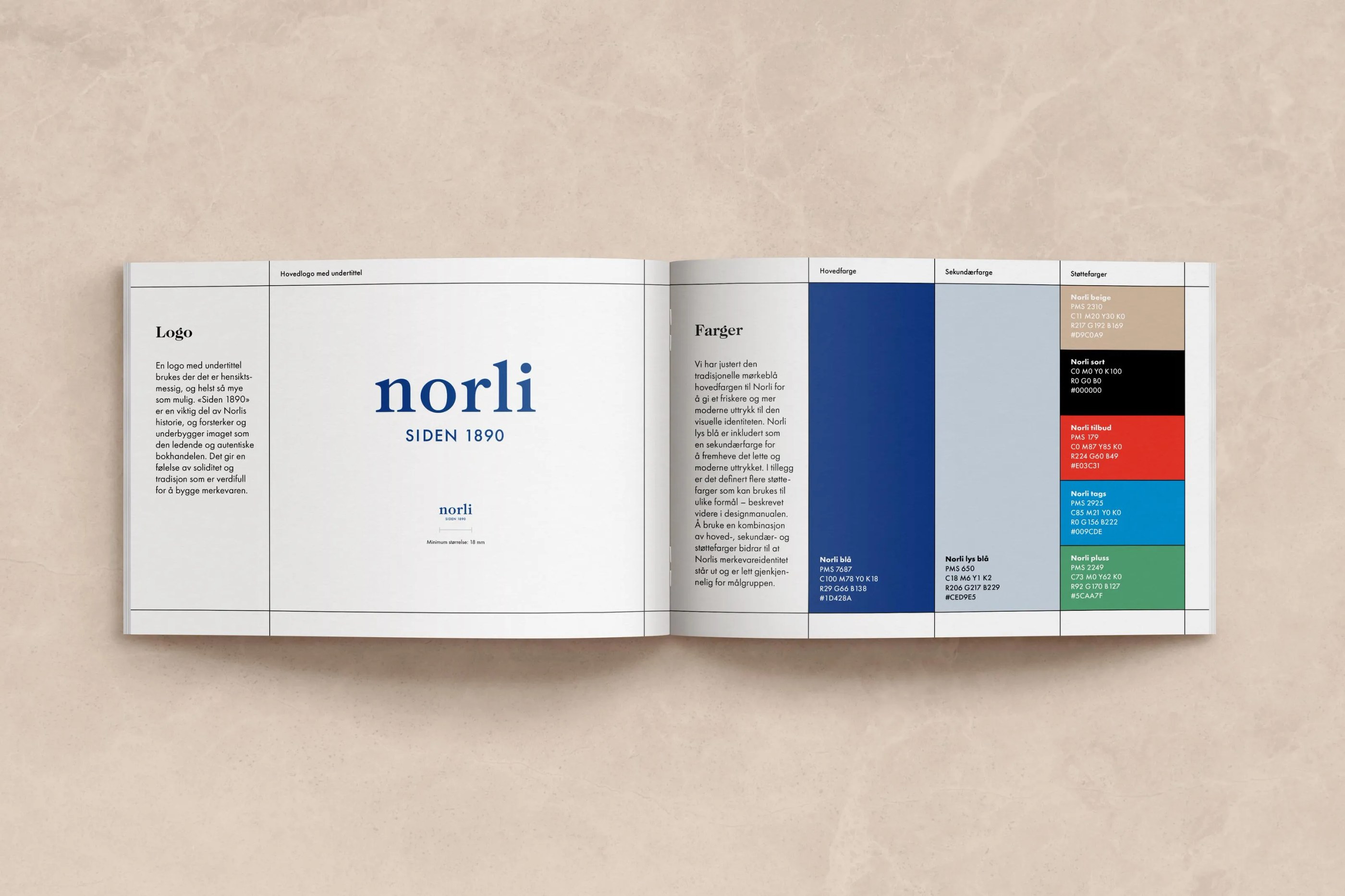 Open brand guideline booklet showing Norli logo on the left page and colour palette with specifications on the right page.