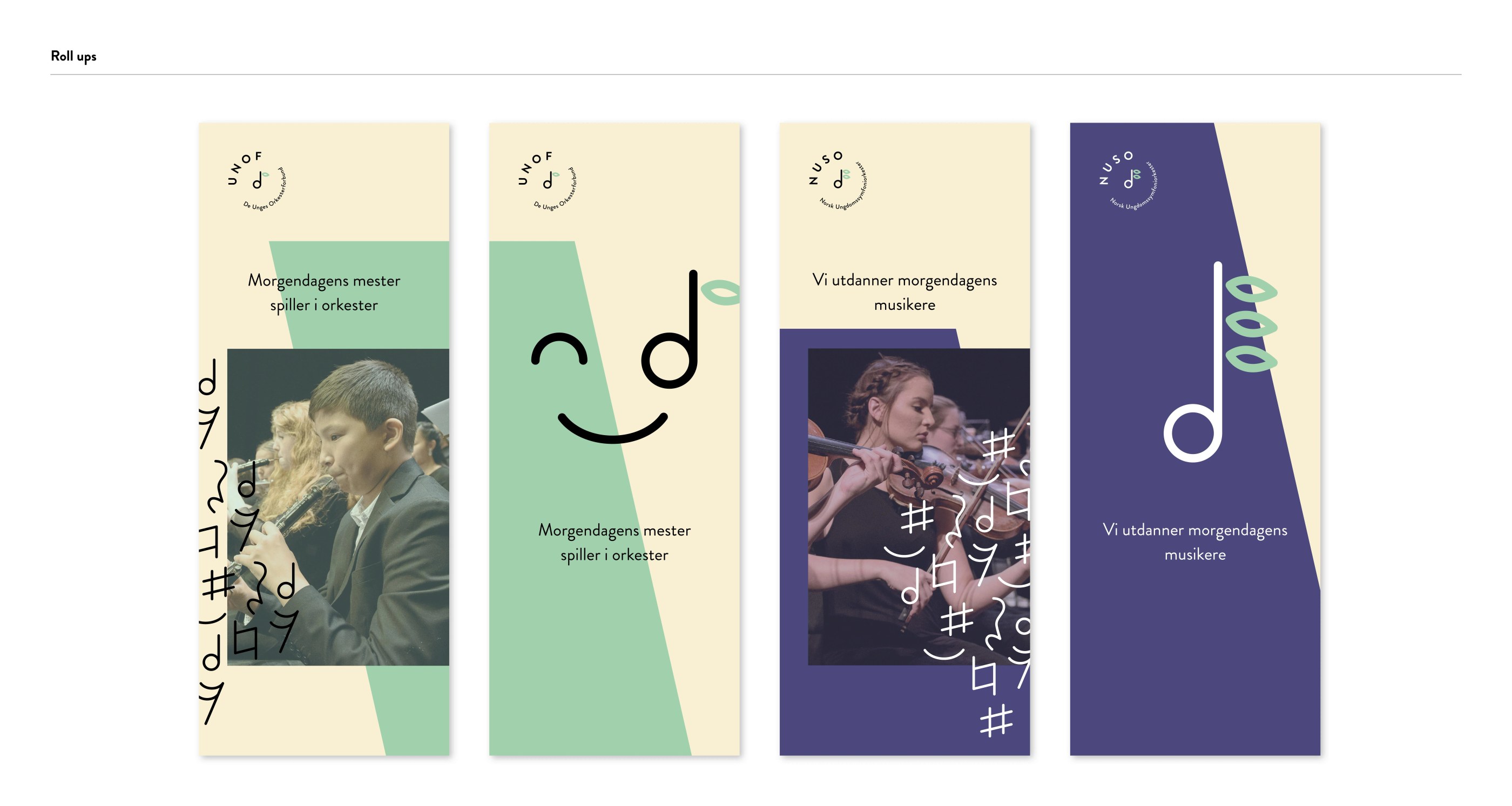 Set of four vertical UNOF roll-up banners featuring young musicians playing instruments and stylized musical notes with texts in Norwegian.