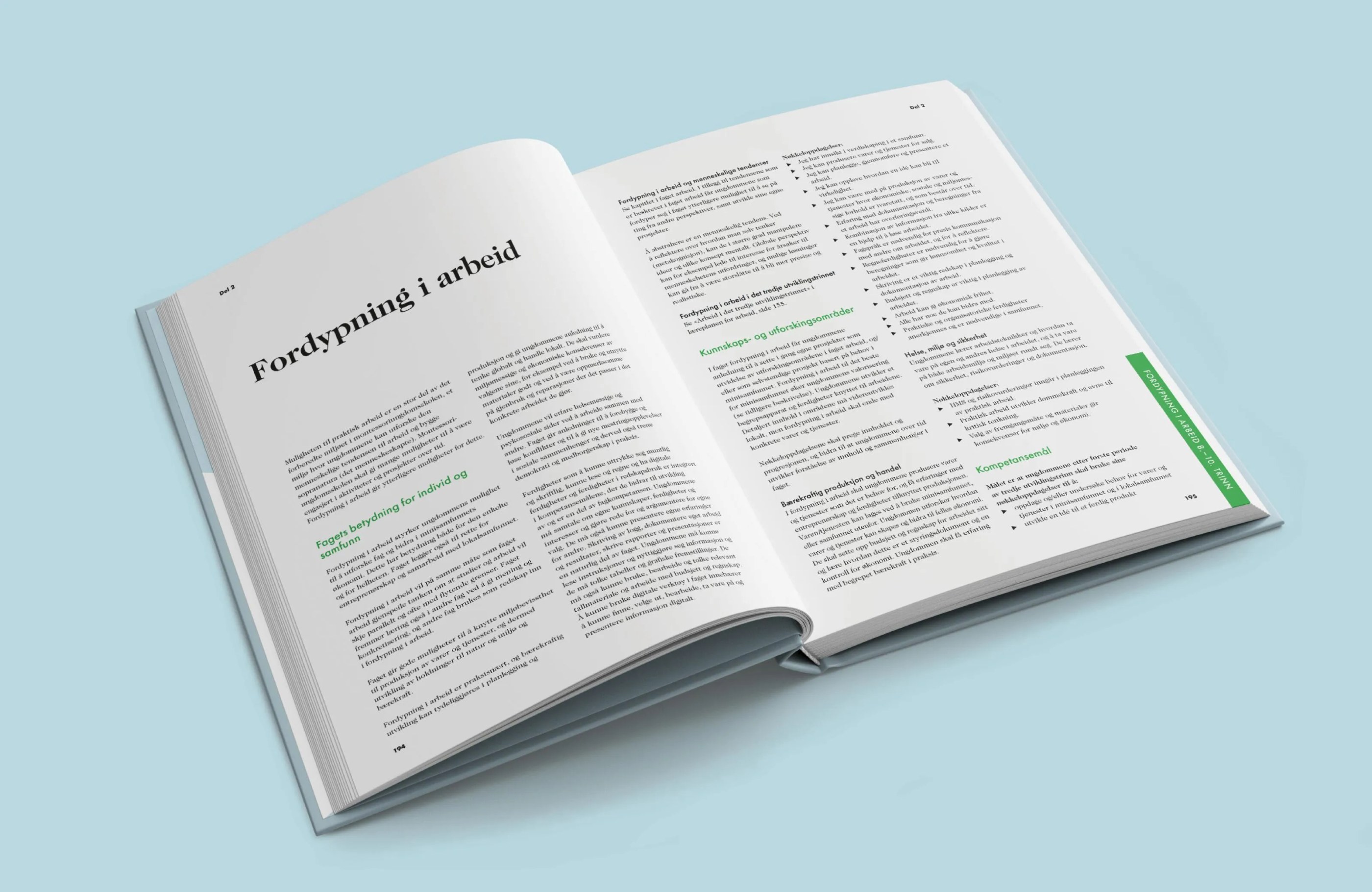 Open book laid flat on a light blue surface showing text in Norwegian about work and individual development.