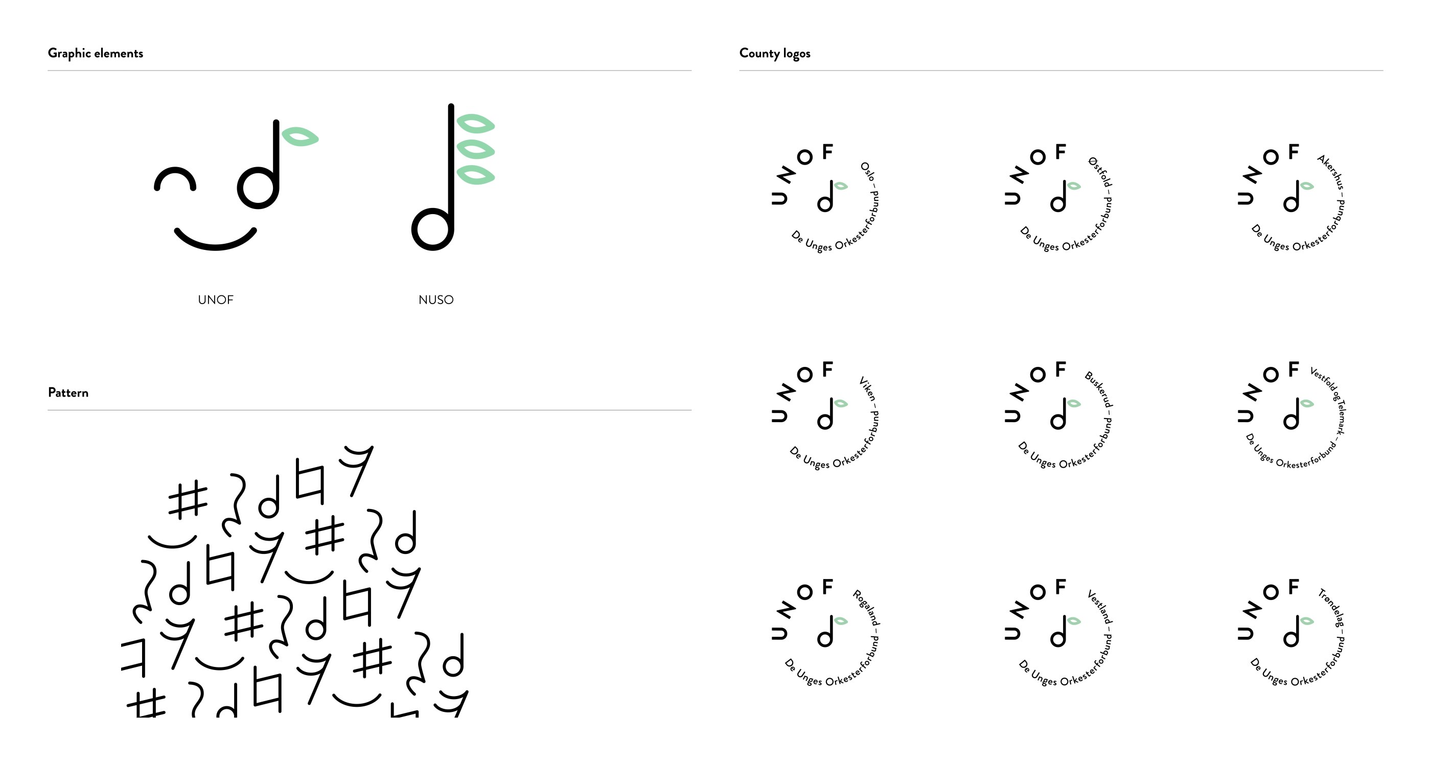 Compilation of graphic elements including two logos labeled UNOF and NUSO, a pattern of musical symbols, and nine circular county logos each featuring a musical note with green leaves and the text 'UNOF' and 'De Unges Orkesterforbund' with different county names.