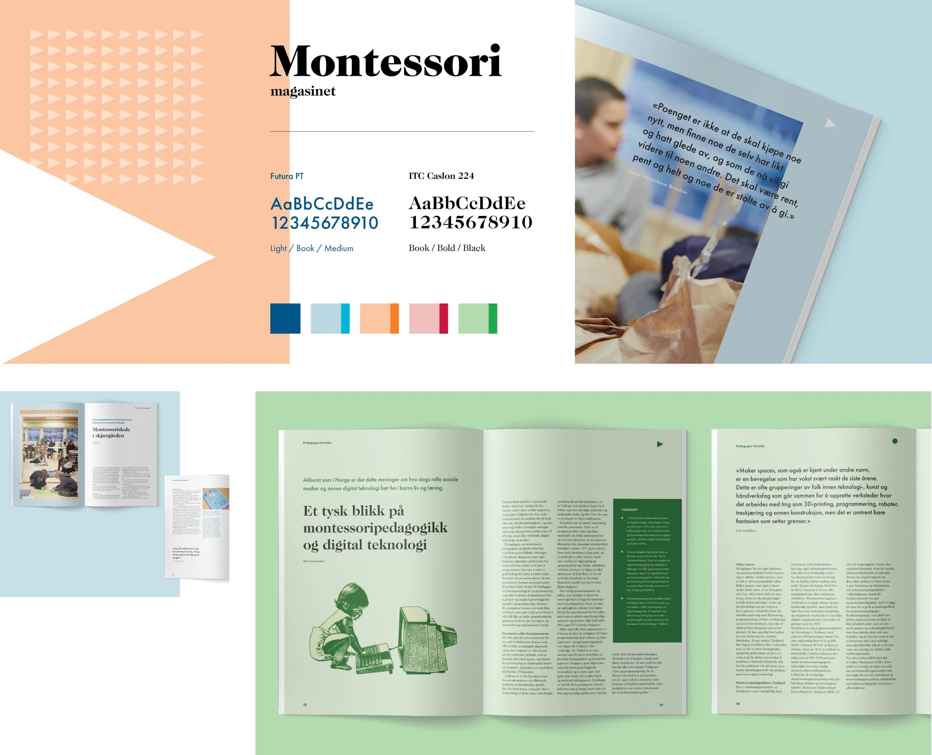 Montessori magazine layout showcasing typography styles, color palette, and open pages with articles and images about Montessori pedagogy and digital technology.