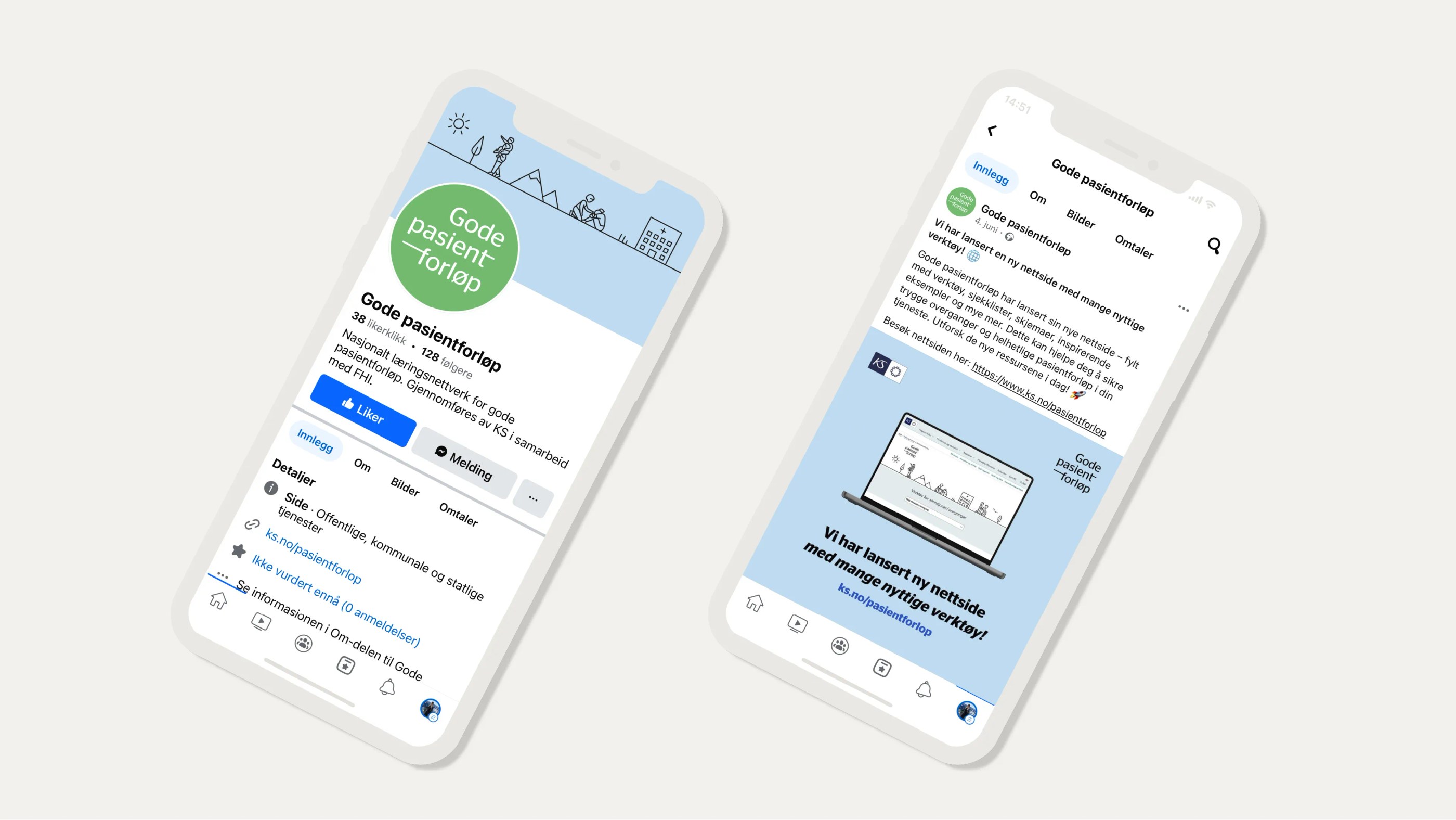 Two smartphones displaying a Facebook page and post for Gode pasientforløp, a Norwegian health network, with a blue-themed logo and announcement of a new website with useful tools.