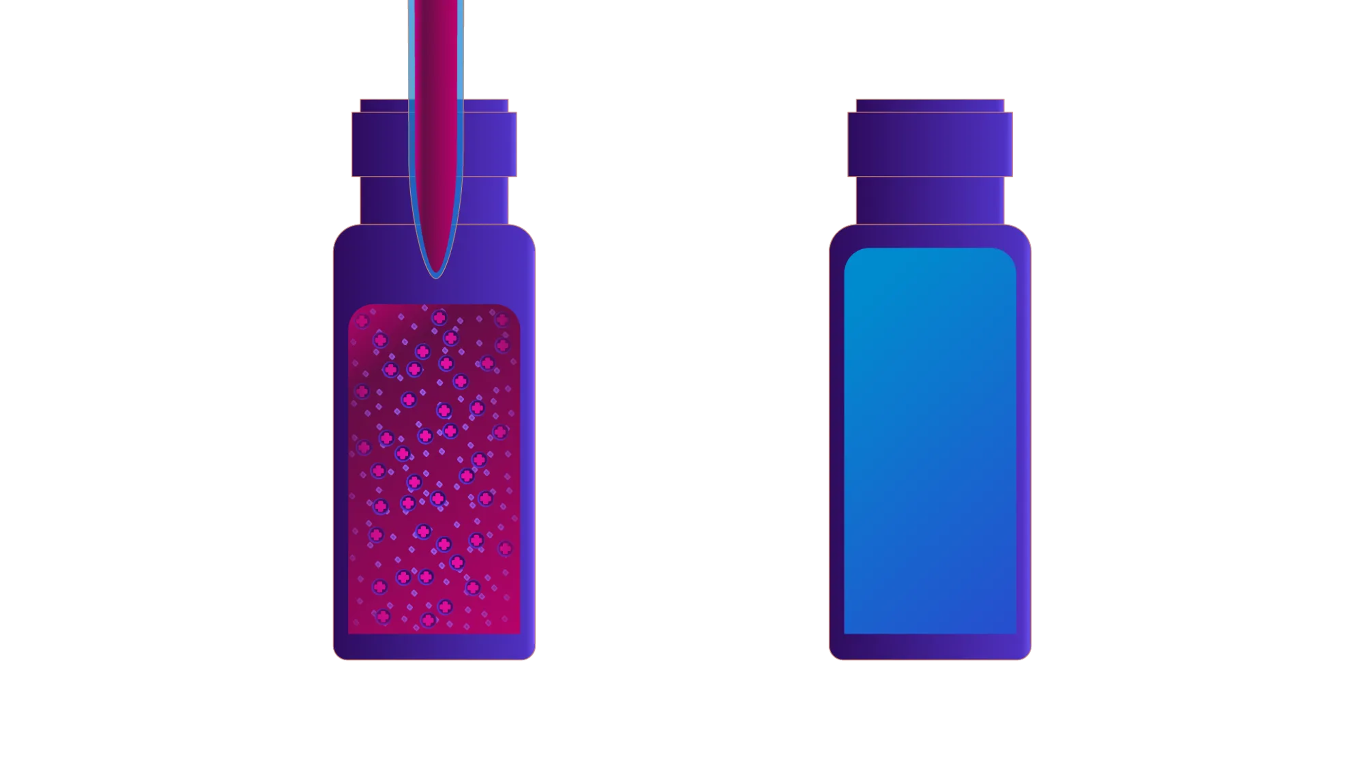Illustration of two purple medicine bottles, one with a dropper adding liquid with visible particles inside and the other with a plain blue label.
