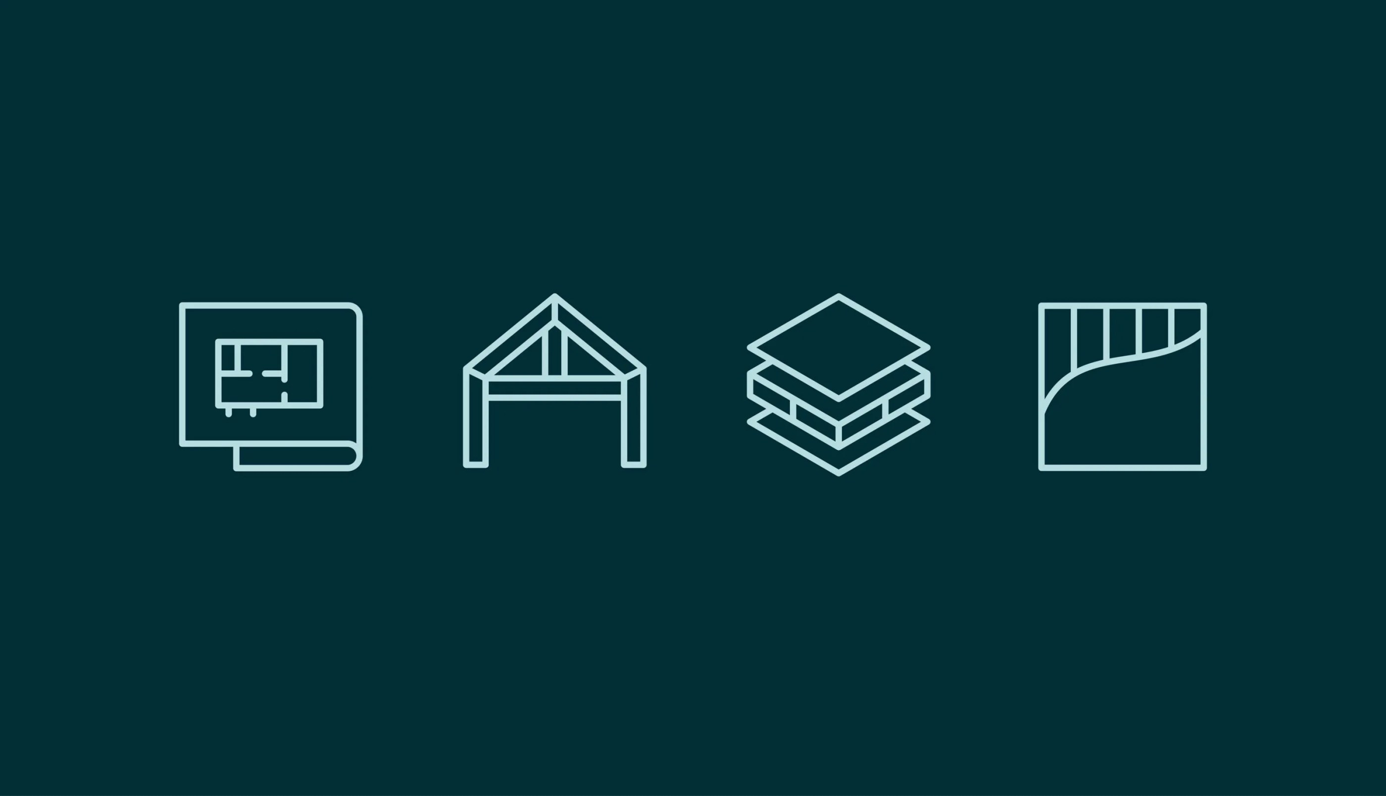 Four light blue icons on dark background representing a floor plan, a roof structure, layered building materials, and an insulation panel.