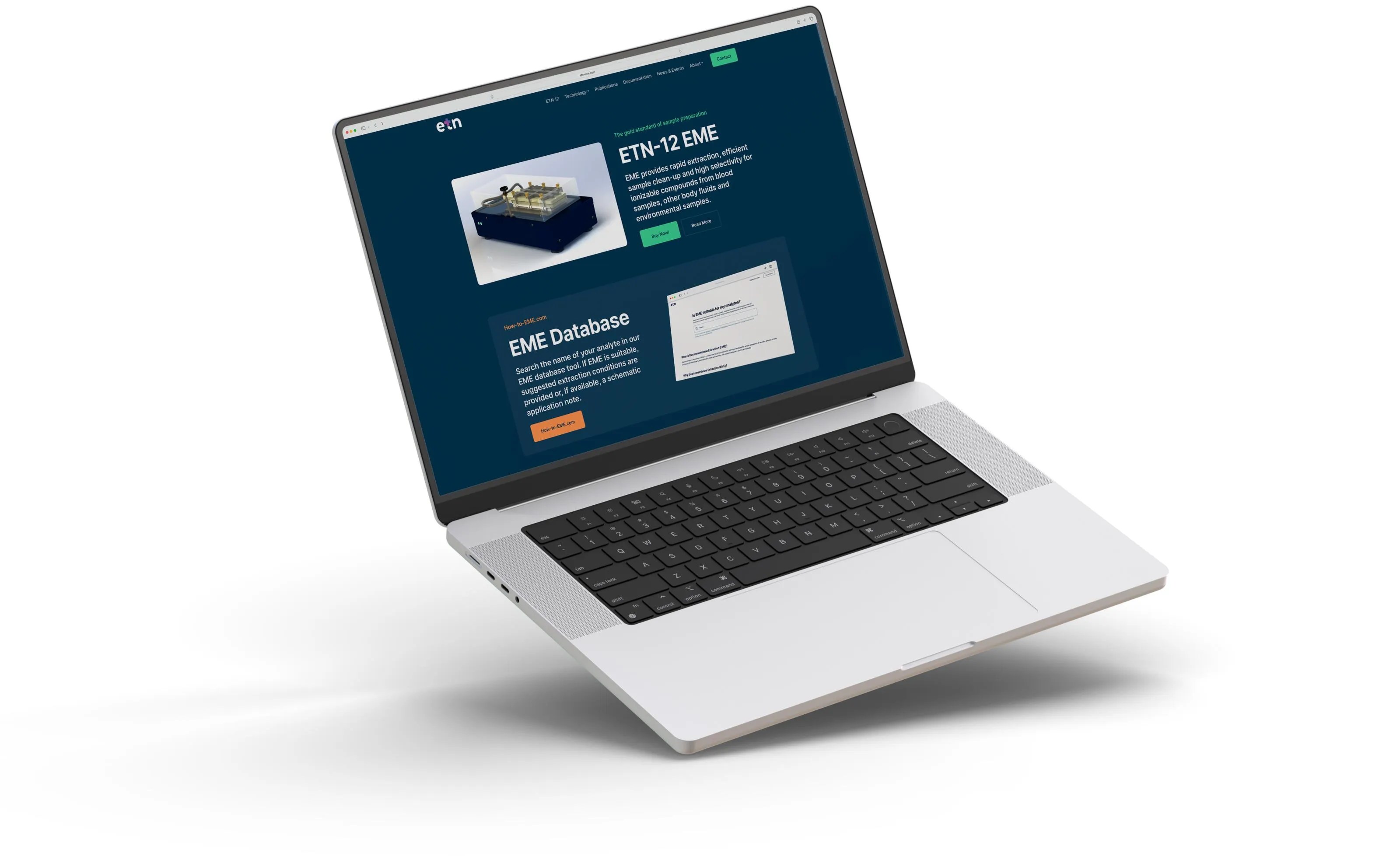 Silver laptop with black keyboard displaying a webpage for ETN-12 EME technology and EME Database on its screen.