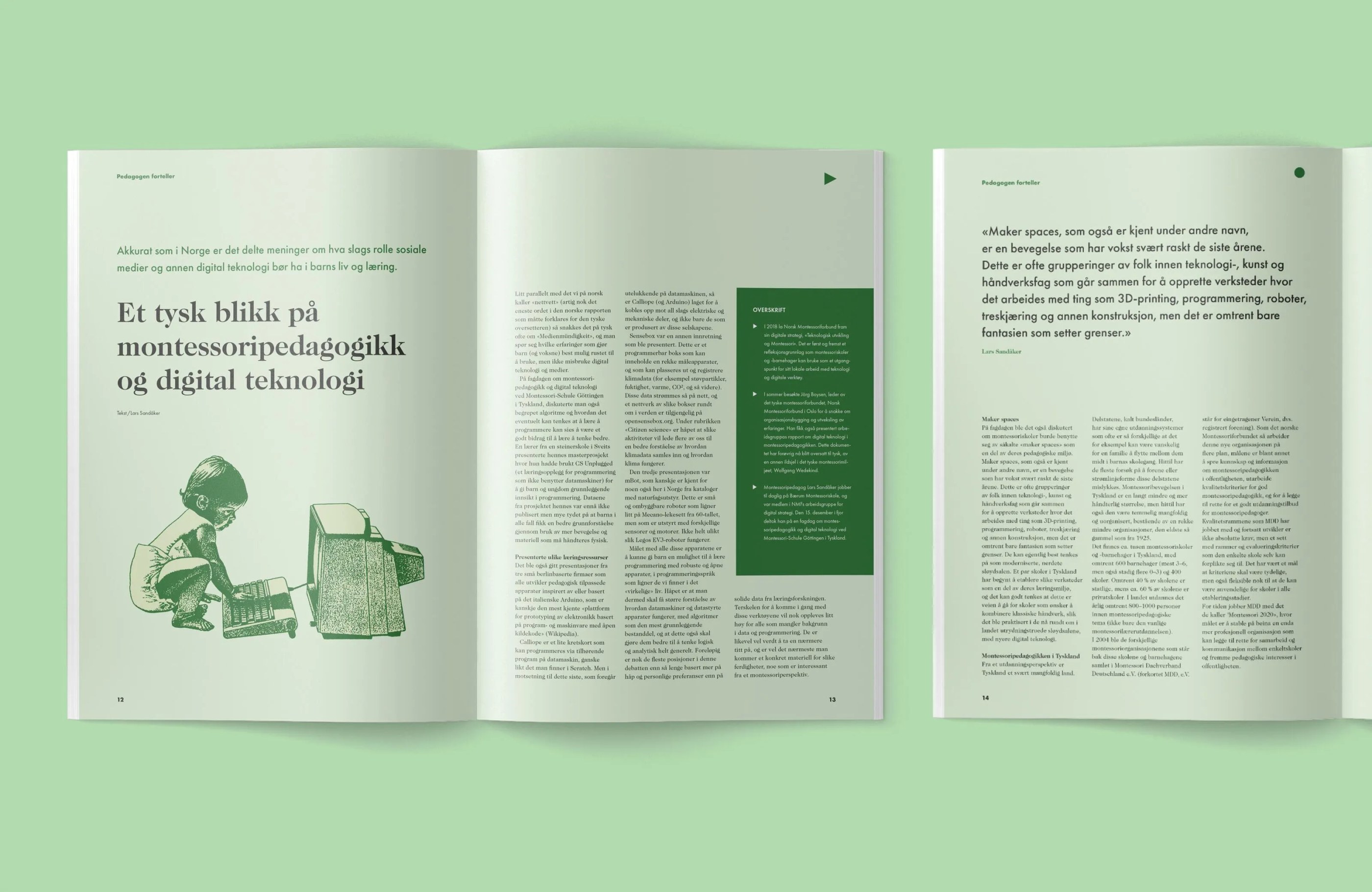 Two open pages of a book or magazine in Norwegian about Montessori pedagogy and digital technology, featuring text blocks, a green sidebar, and an illustration of a child typing on an old computer keyboard connected to a vintage monitor.