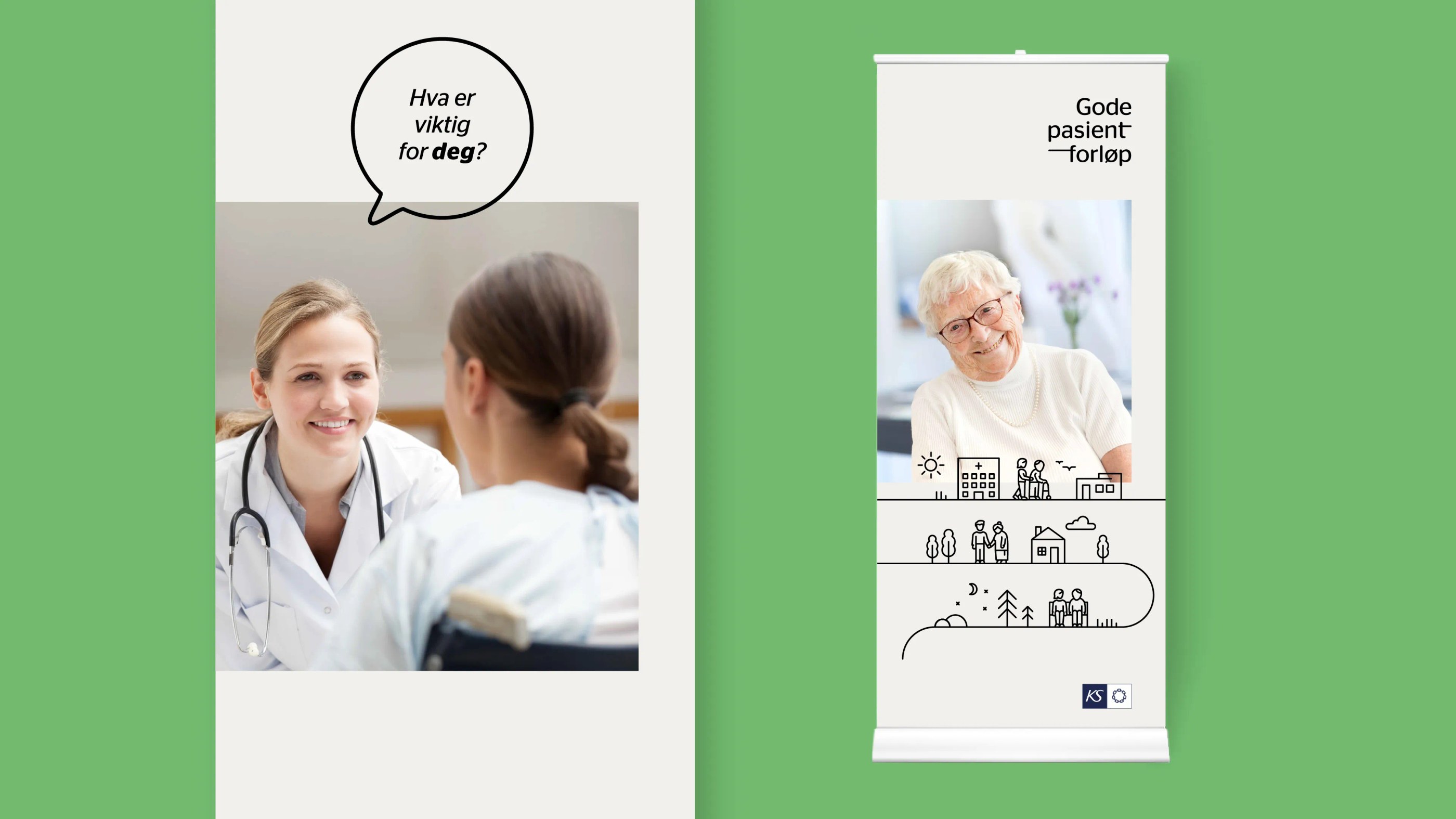 Banner featuring a smiling female doctor talking to a patient in a wheelchair with the text 'Hva er viktig for deg?' and an elderly woman smiling above icons representing healthcare and community.
